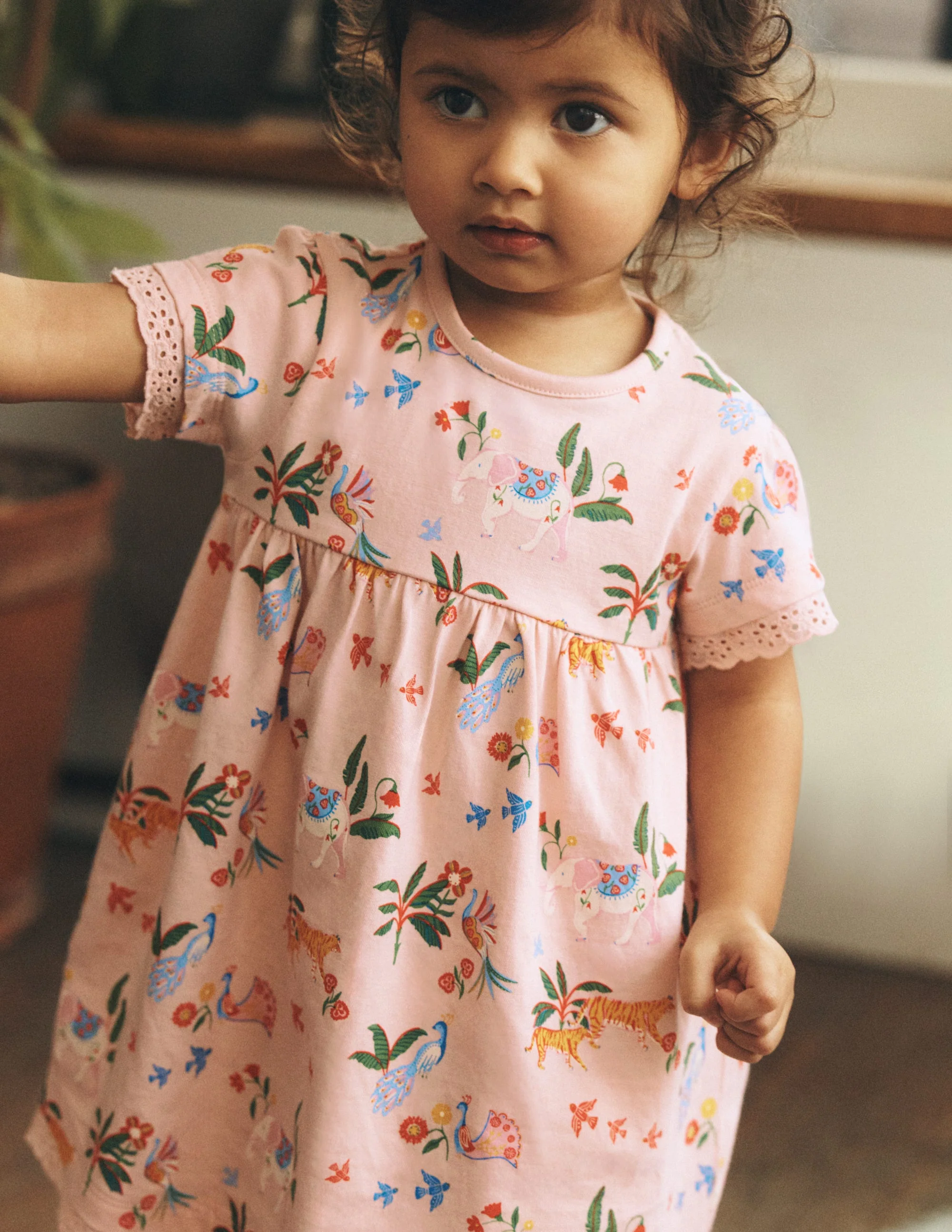 Broderie Trim Jersey Dress-Pink Tropical Animals - Image 4