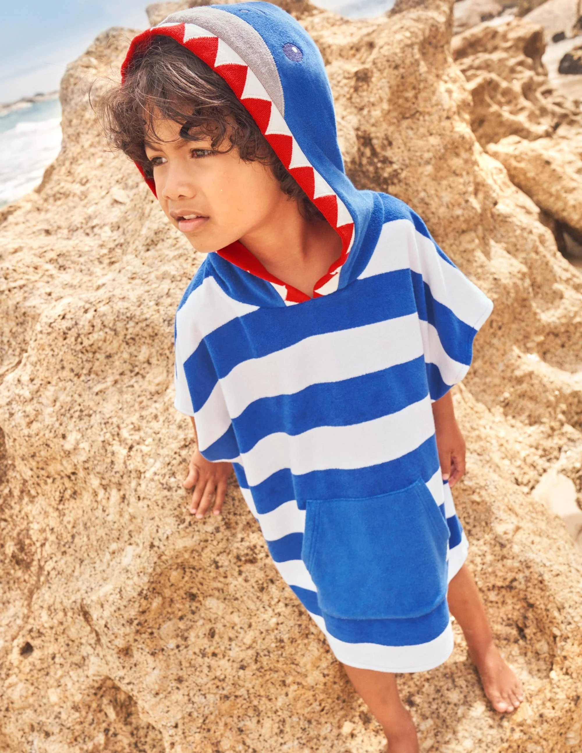 Blue Stripe Shark Towelling Poncho-Ivory/Bright Marina Blue Shark - Image 4