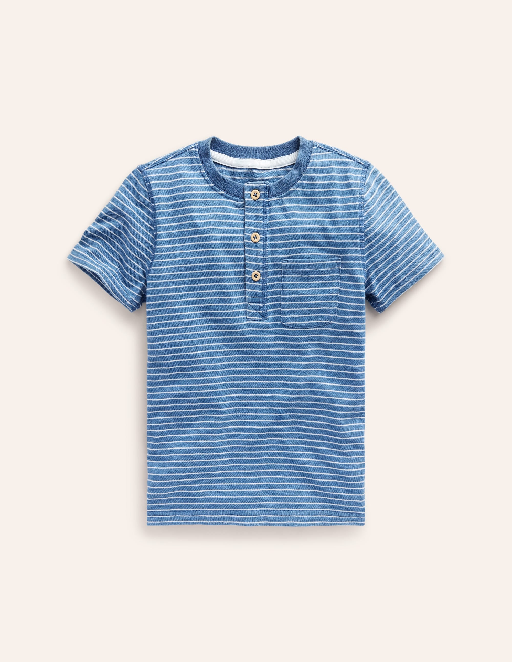 Washed Cotton Henley T-shirt-Indigo Stripe