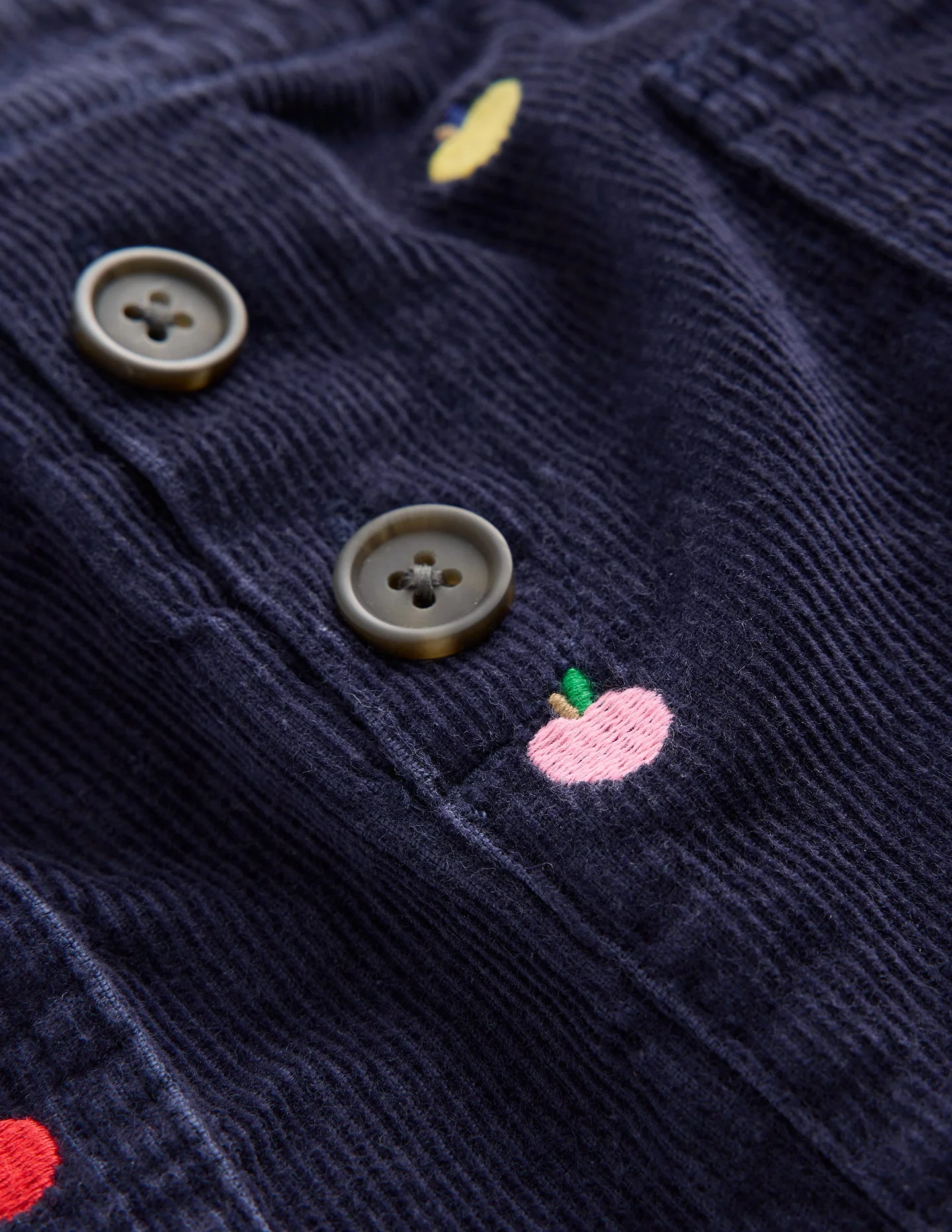 Button Pull-On Mini Skirt-Navy Multi Apples Embroidery - Image 2