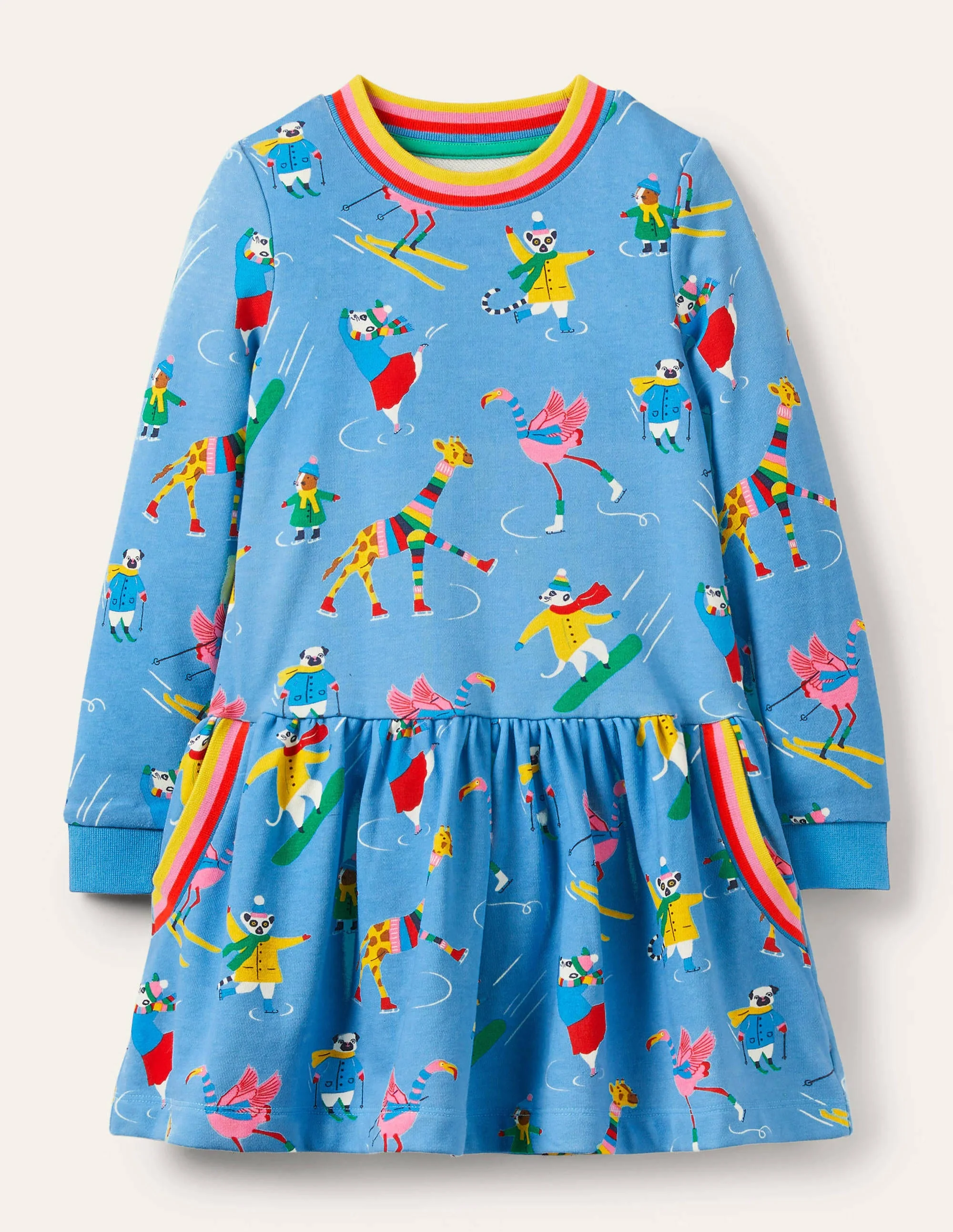 Cosy Printed Sweatshirt Dress-Surfboard Blue Animal Antics