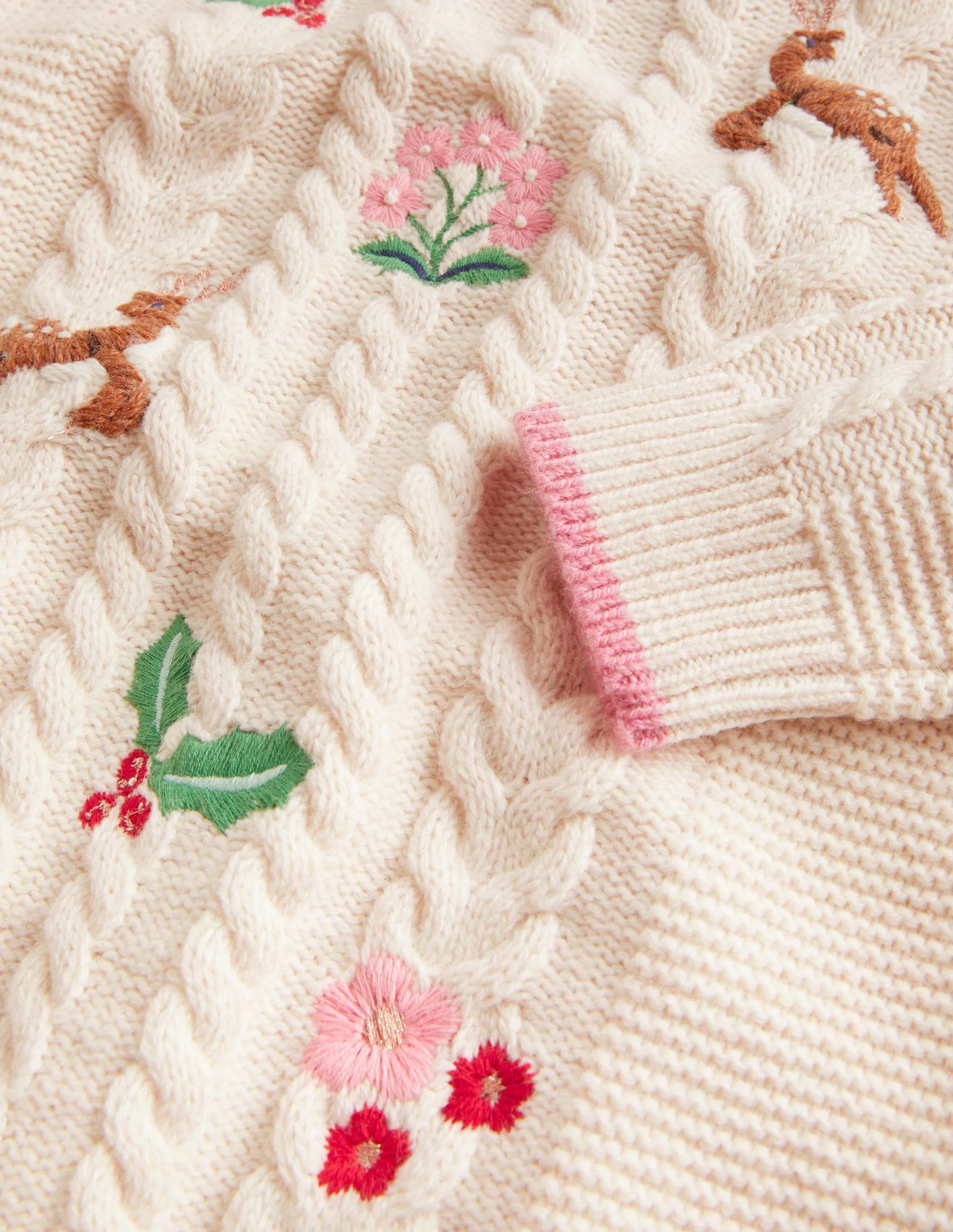 Embroidered Cable Knit Jumper-Ecru Marl Embroidery - Image 3