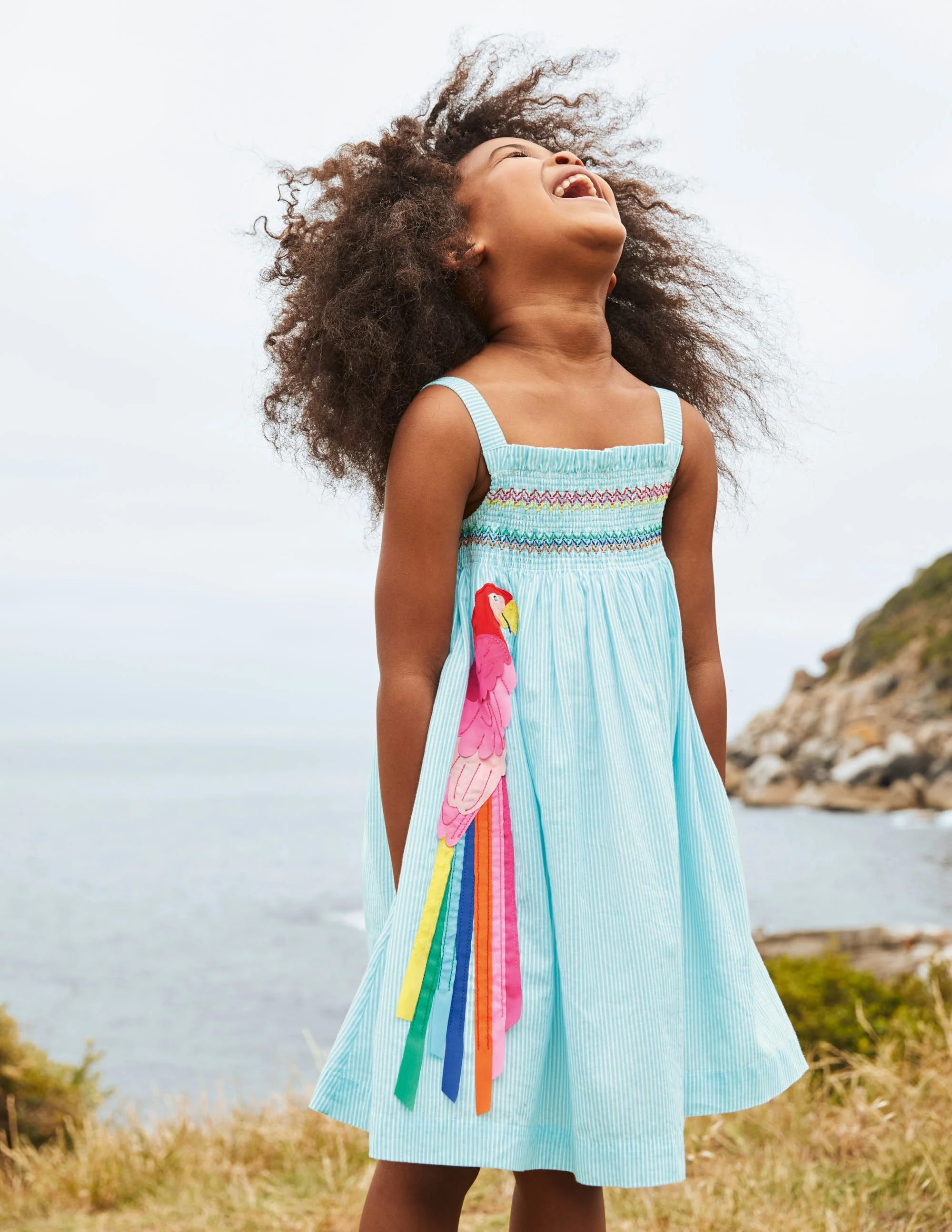 Fun Appliqué Sun Dress-Aqua Blue Ticking Parrot - Image 5