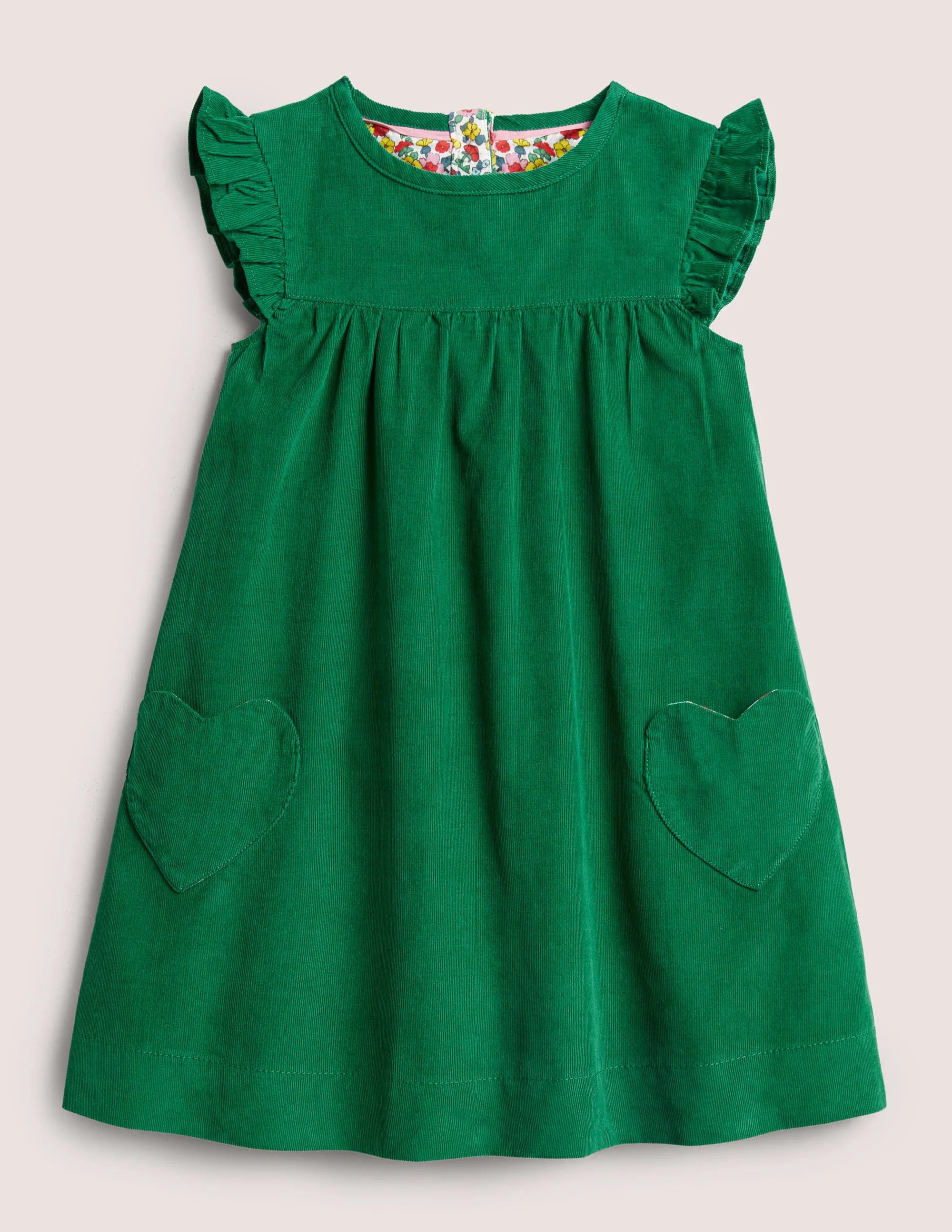 Green Love Heart Frill Sleeve Cord Dress-Olive Green