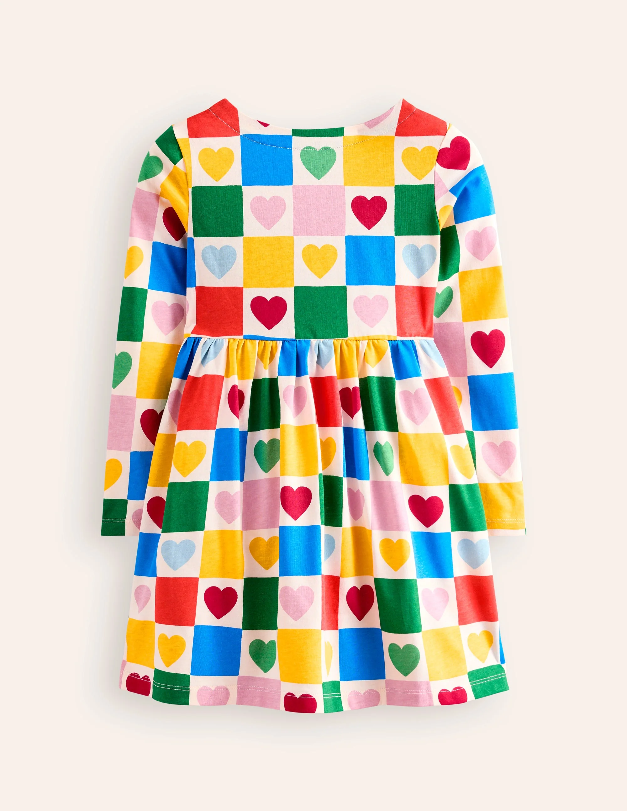 Long-Sleeved Fun Jersey Dress-Multi Chequerboard Hearts - Image 2