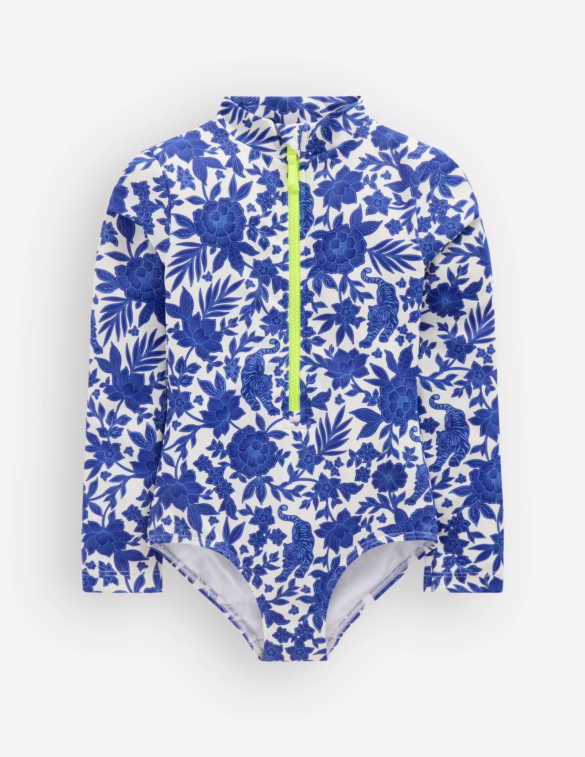 Long-sleeved Swimsuit-Bright Blue Jungle Woodblock