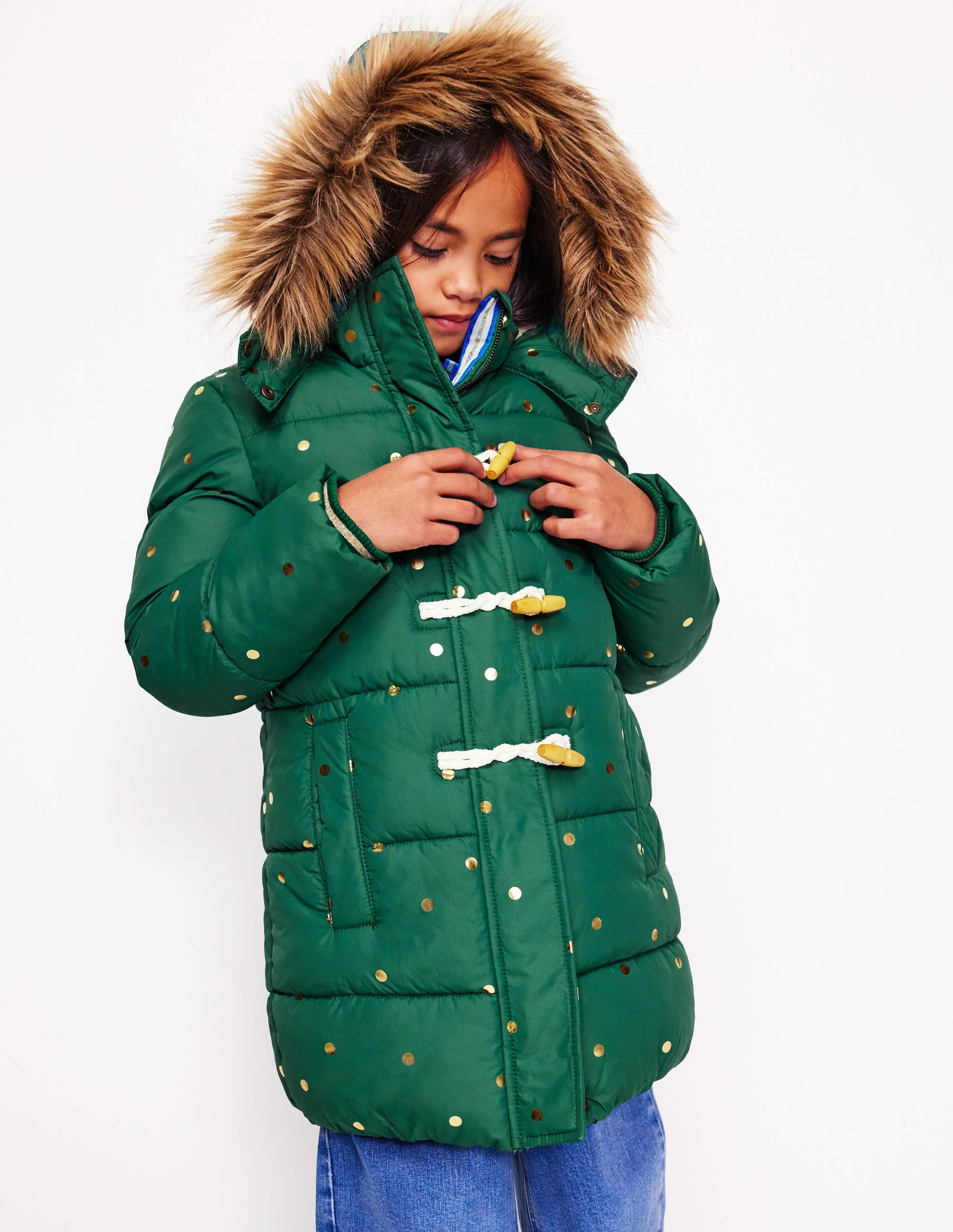 Longline Padded Coat-Jewel Green Gold Foil Confetti - Image 2