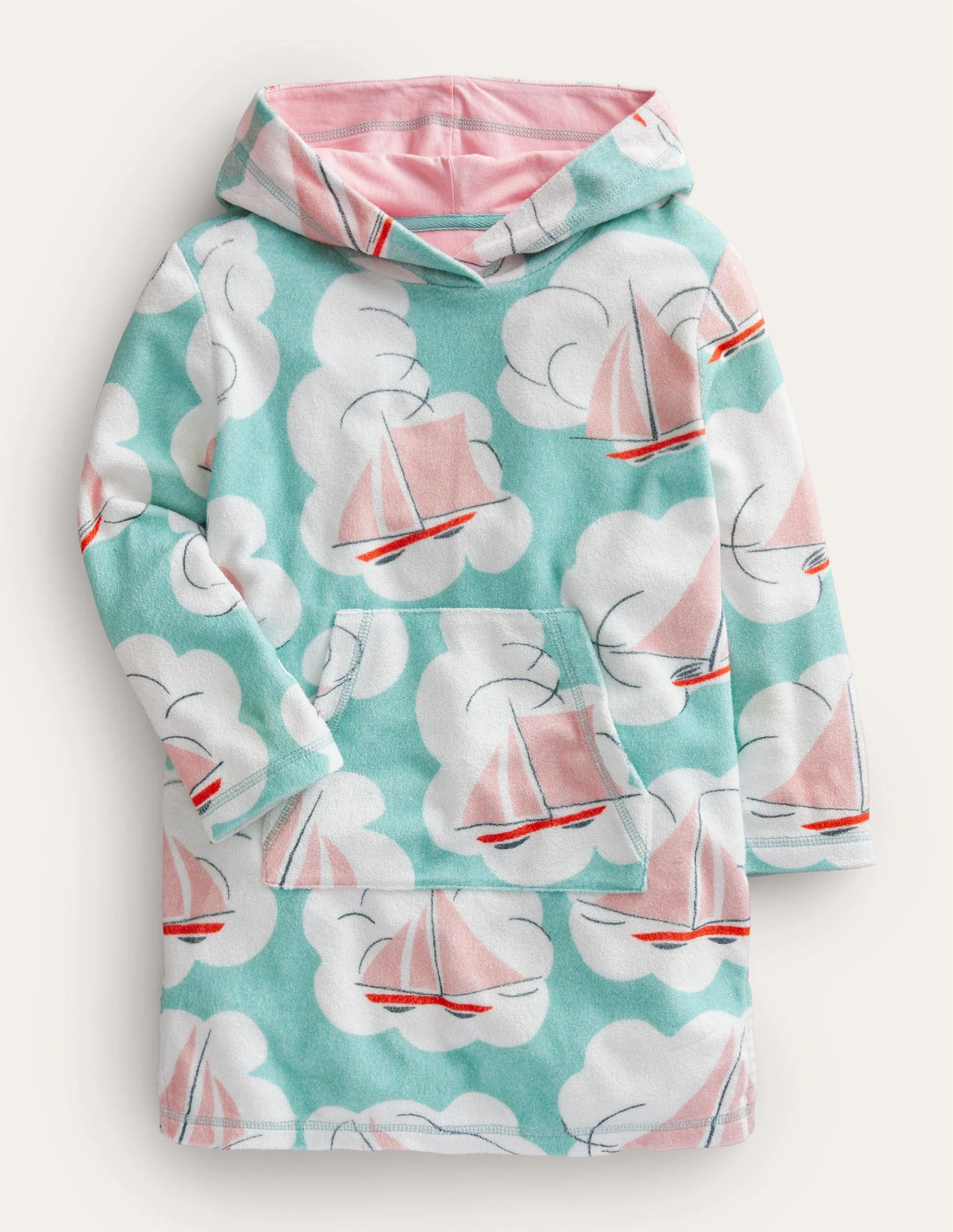 Pattern Towelling Beach Dress-Aqua Sea Blue Boats