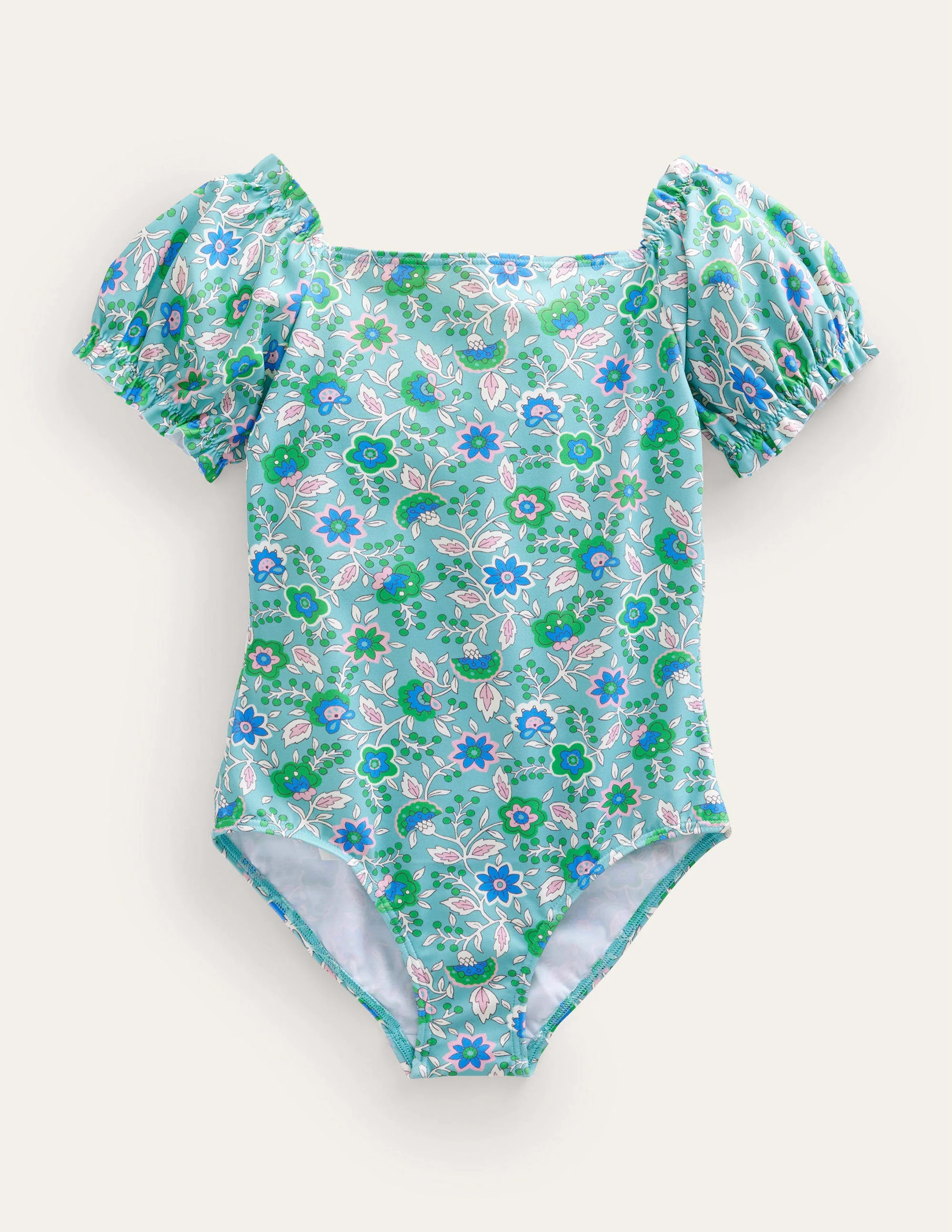 Puff Sleeve Swimsuit-Aqua Sea Floral Vine