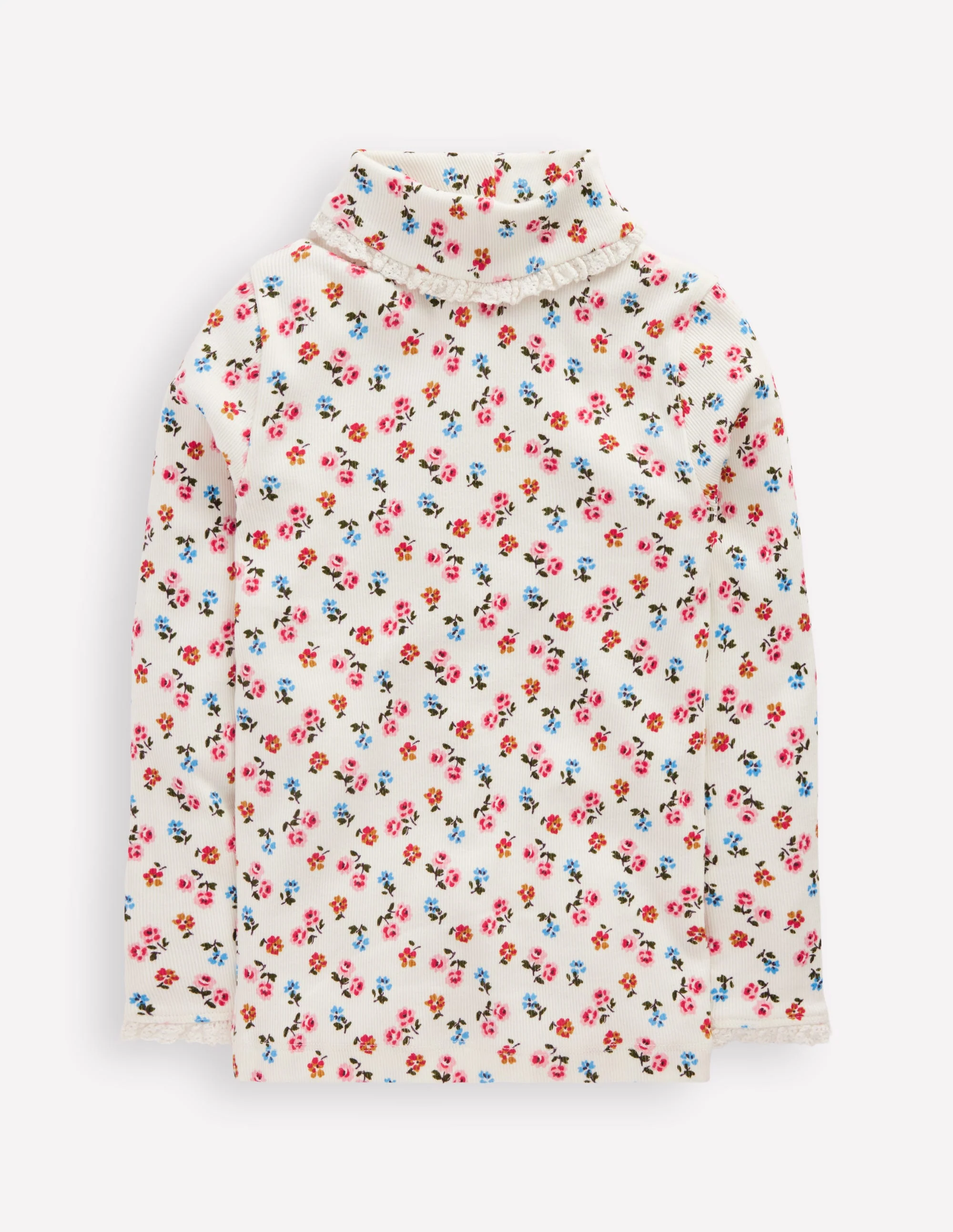 Ribbed Roll Neck Top-Soft Ivory Rose Sprig - Image 4