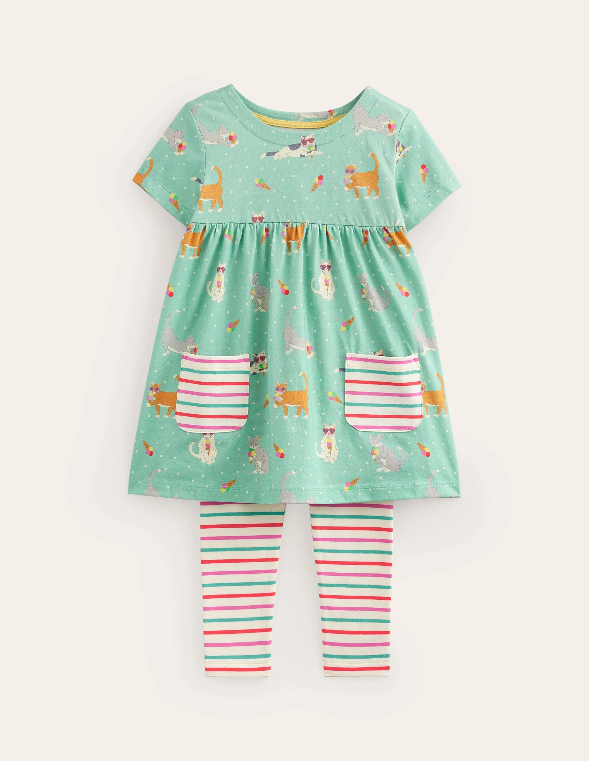 Short Sleeve Printed Tunic Set-Corsica Blue Holiday Cats