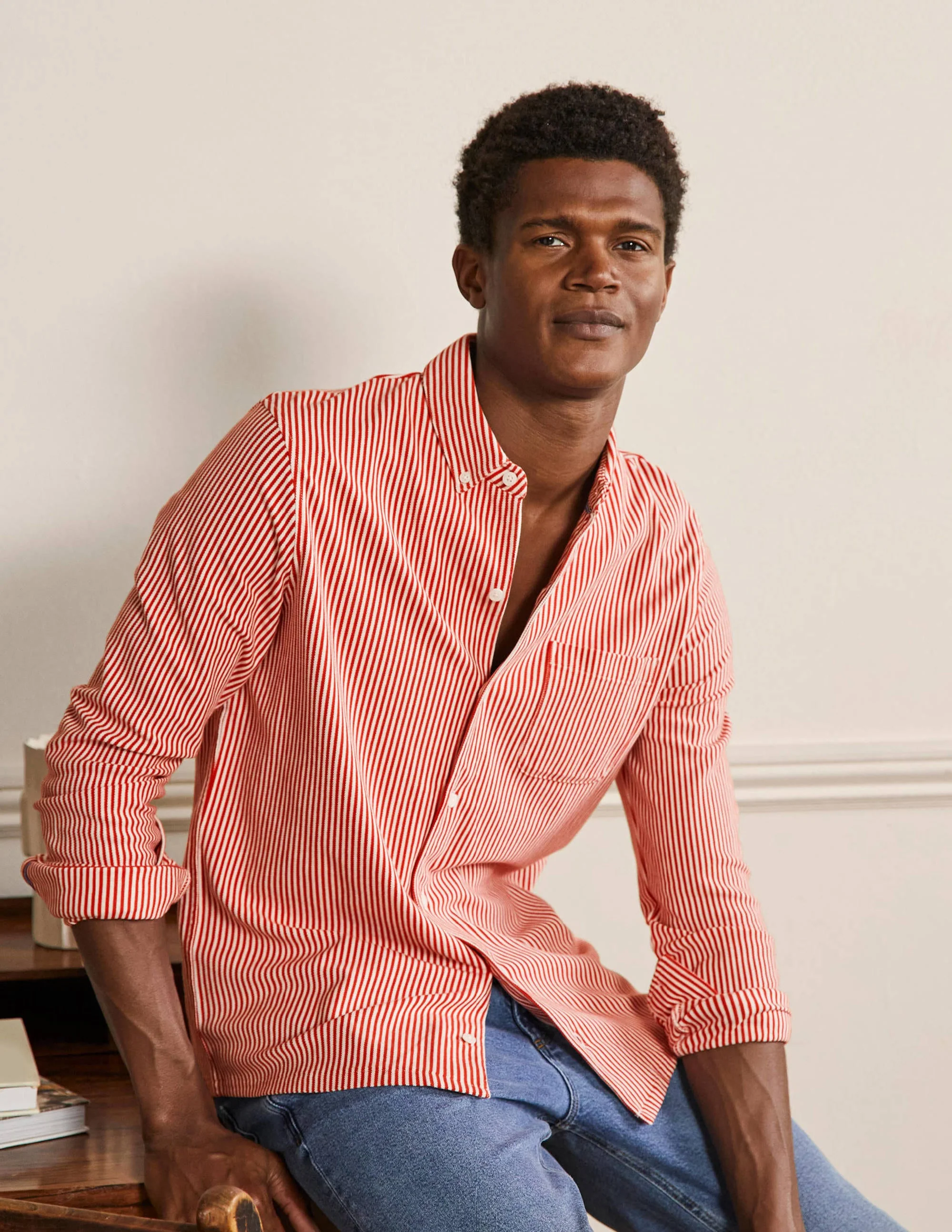 Button Down Piqué Shirt-Washed Red/Snowdrop Stripe