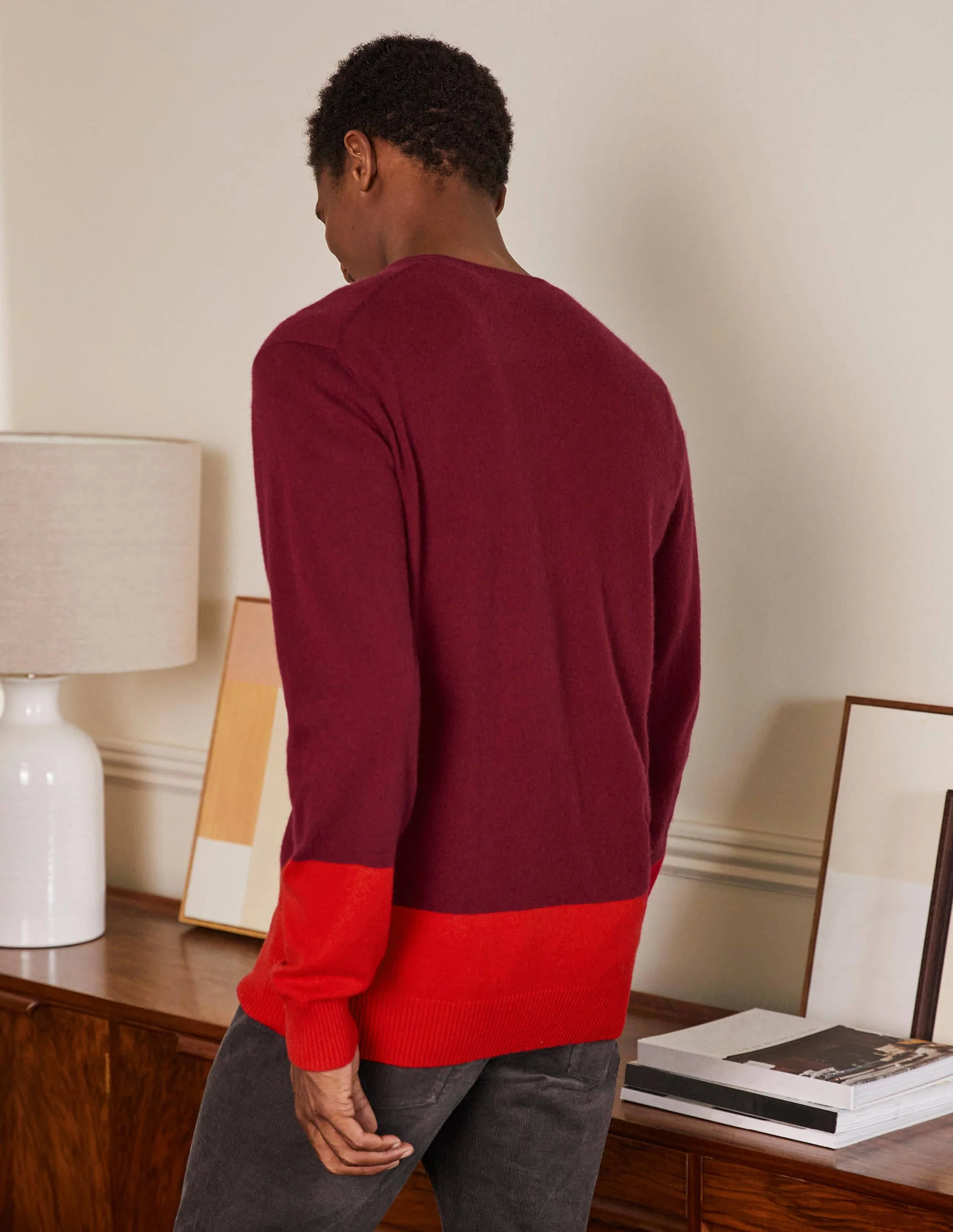 Cashmere Crew Neck Jumper-Maroon Colourblock - Image 3
