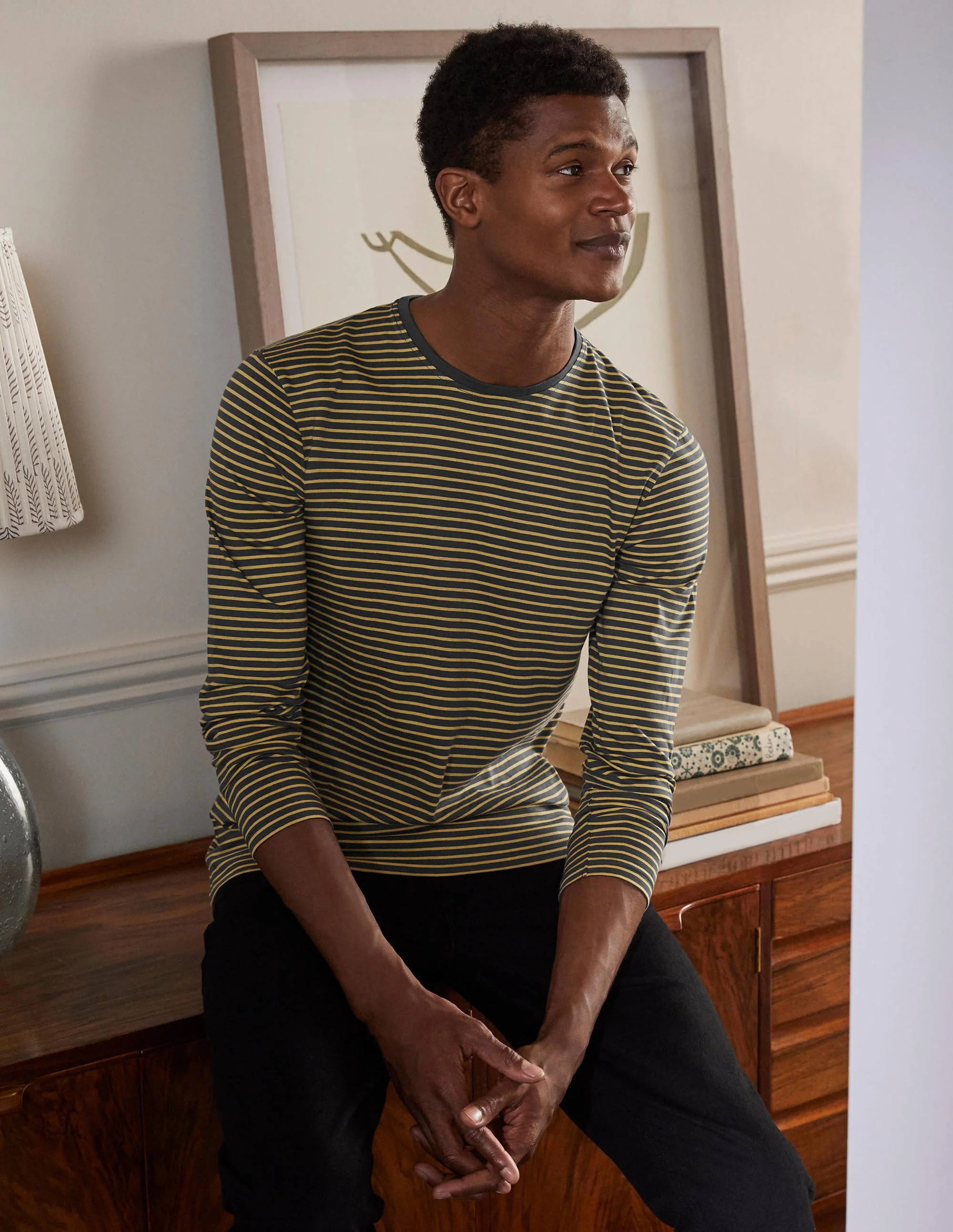 Classic Long-sleeved T-shirt-London Grey/ Soft Lemon Stripe