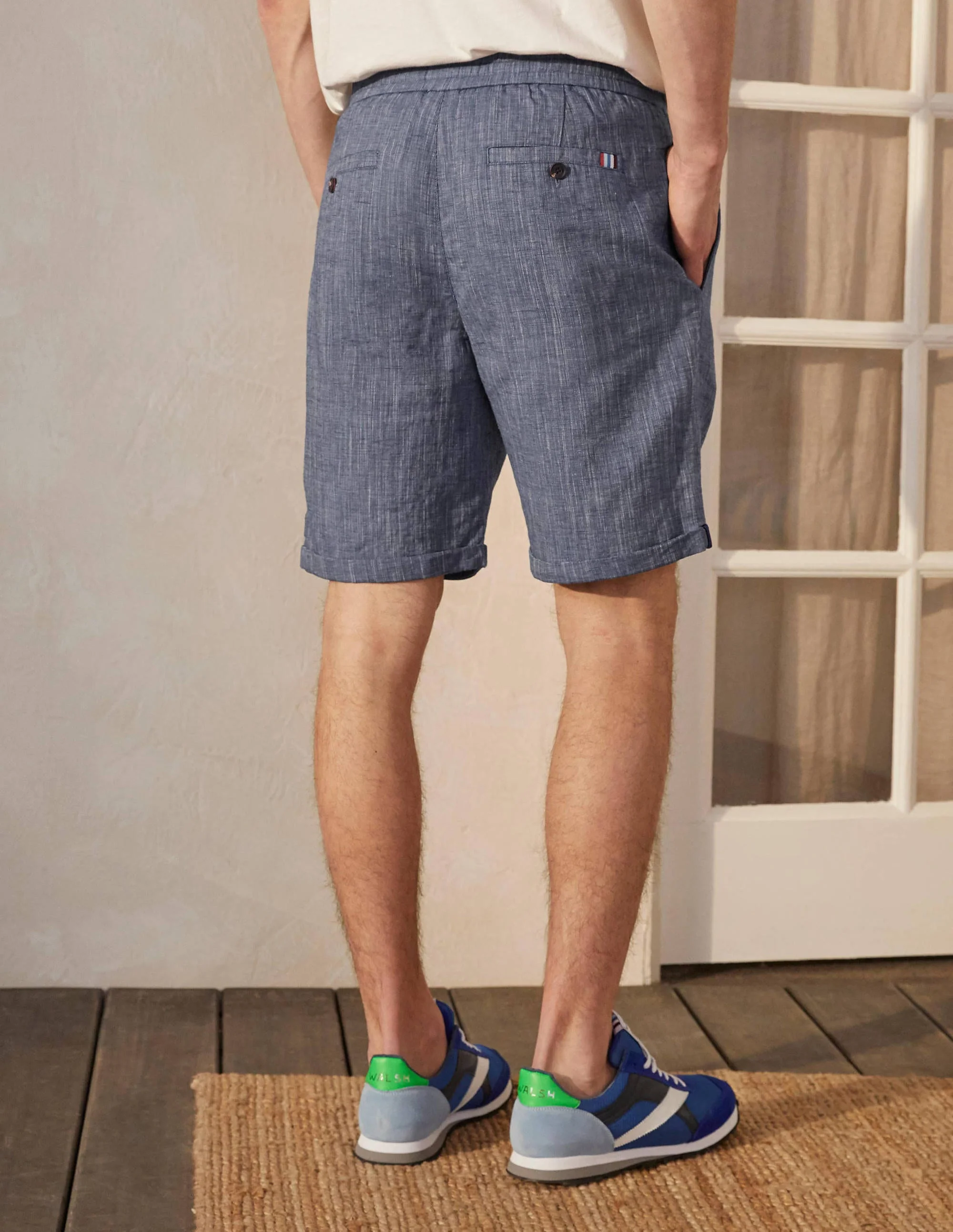 Linen Blend Drawstring Shorts-Light Blue Chambray - Image 3