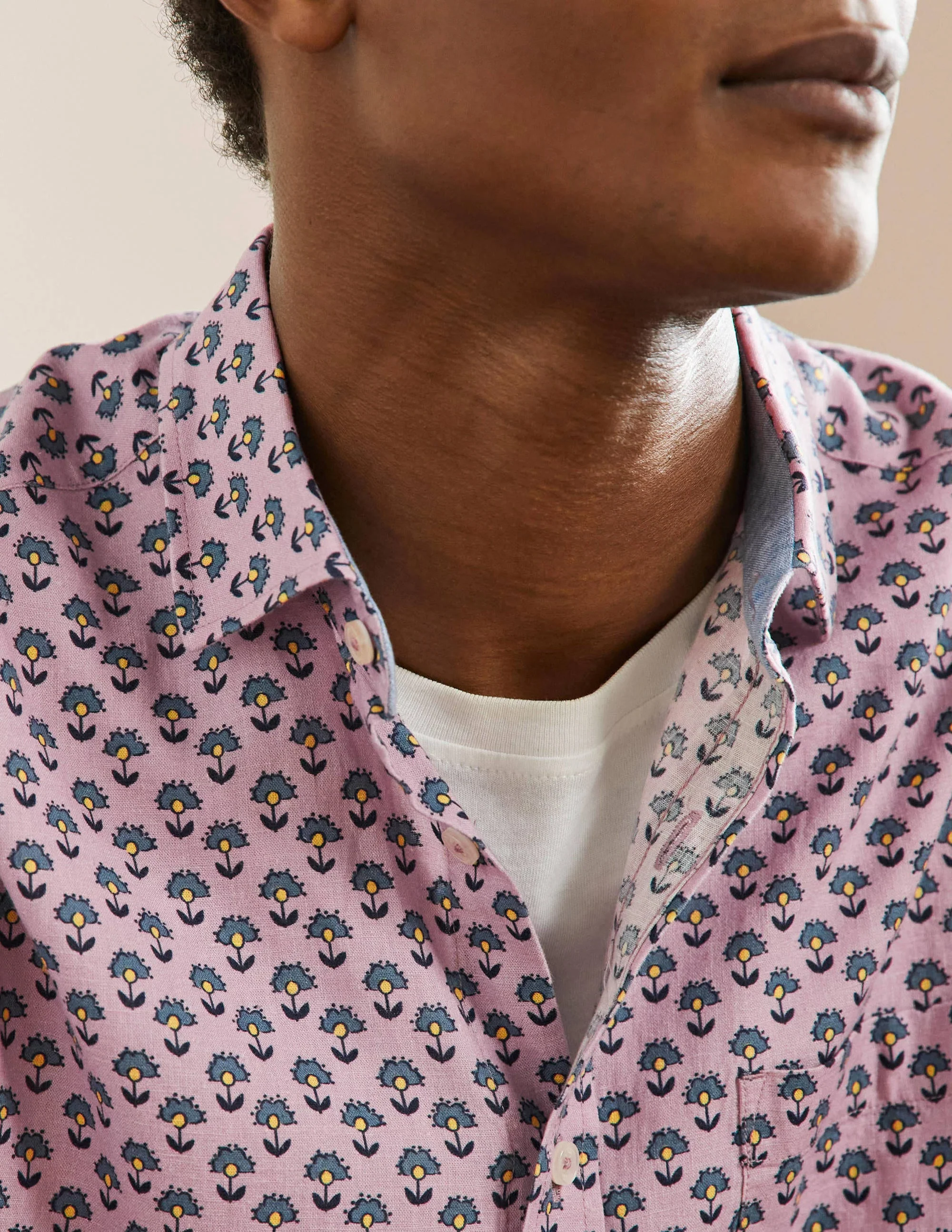 Linen Cotton Interest Shirt-Dusky Pink Woodblock Print - Image 2