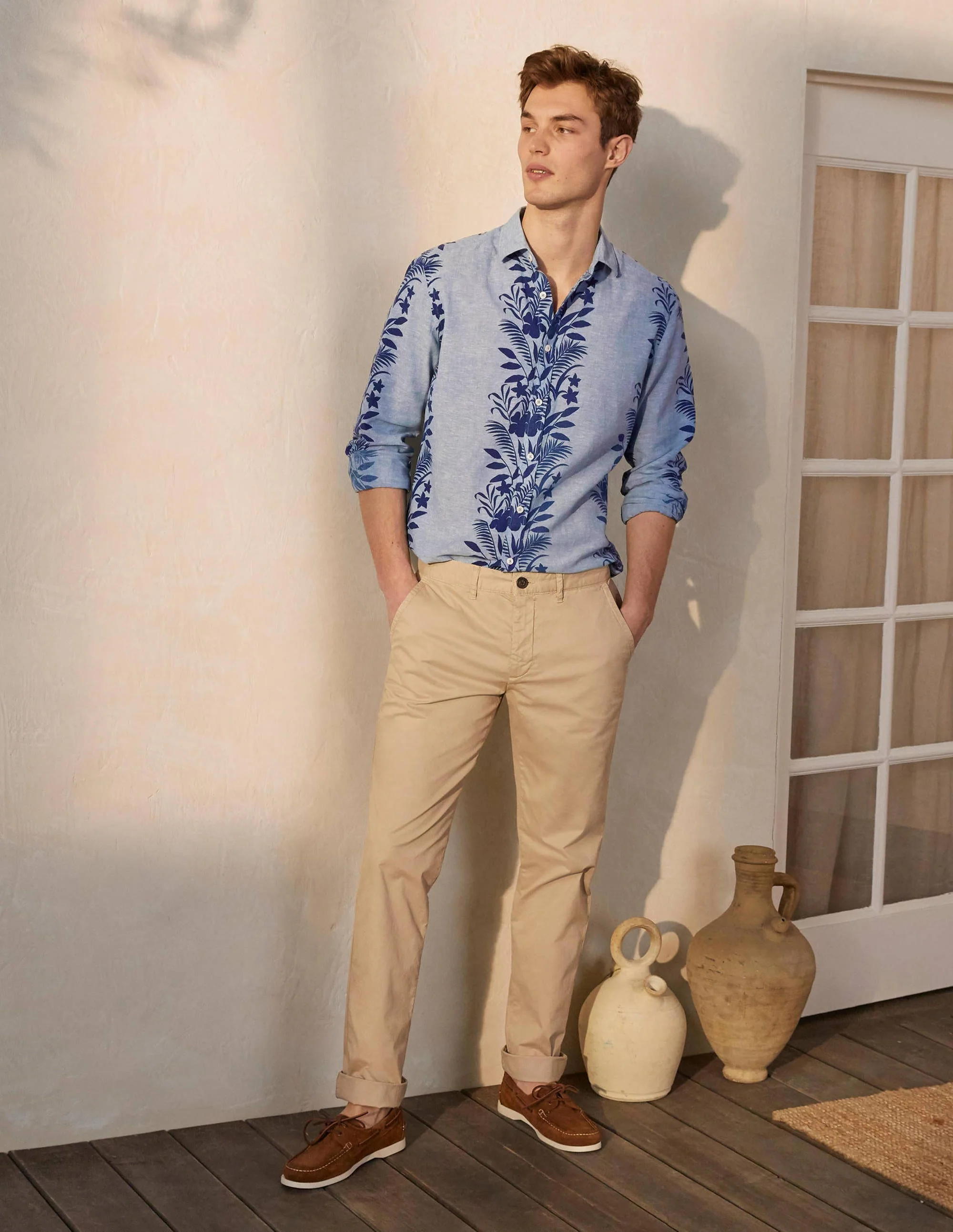 Linen Cotton Pattern Shirt-Blue Chambray Border Floral - Image 2