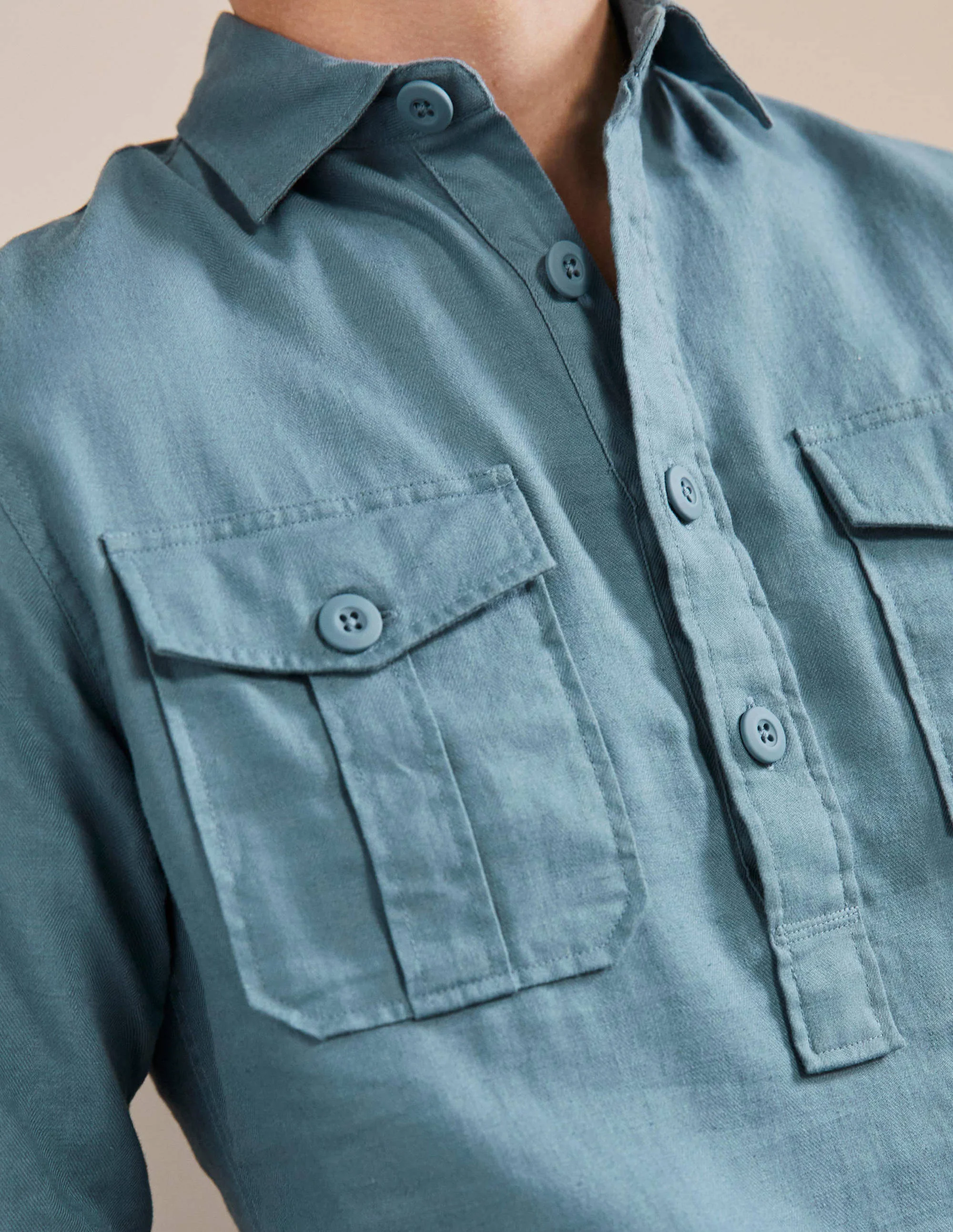 Linen Cotton Popover Shirt-Aegean Blue Herringbone - Image 2