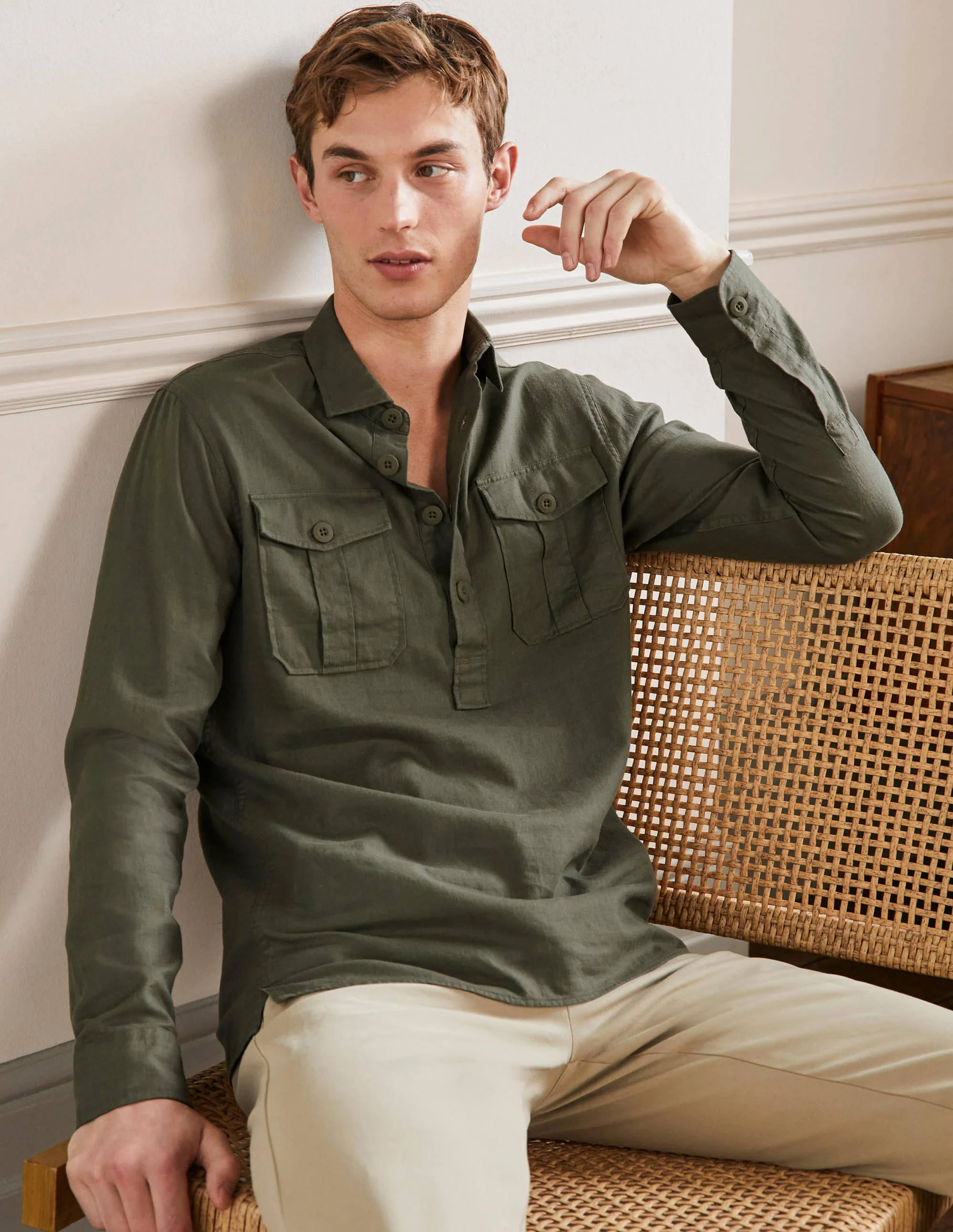Linen Cotton Popover Shirt-Khaki Herringbone