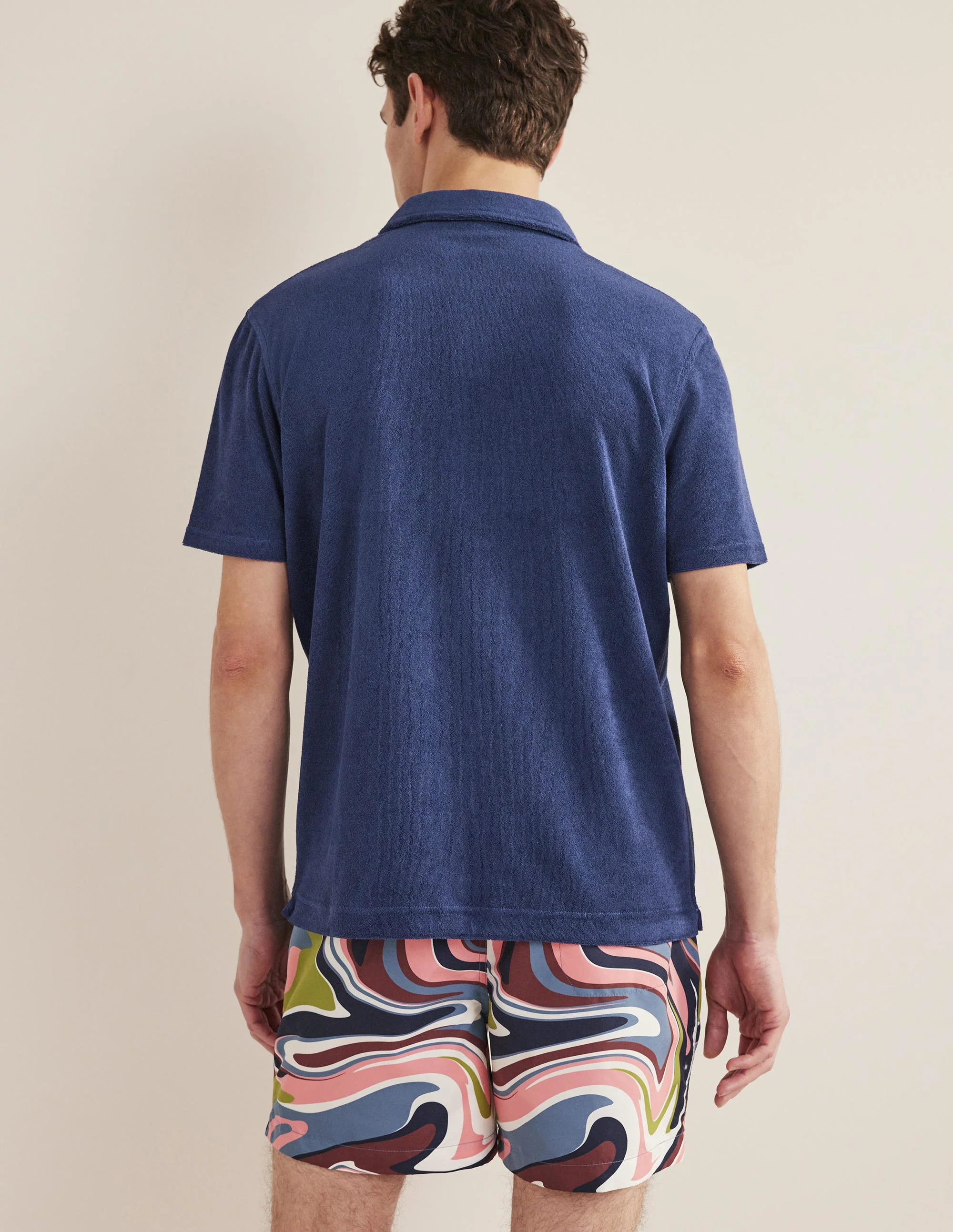 Open Collar Terry Polo-Navy Blue - Image 3
