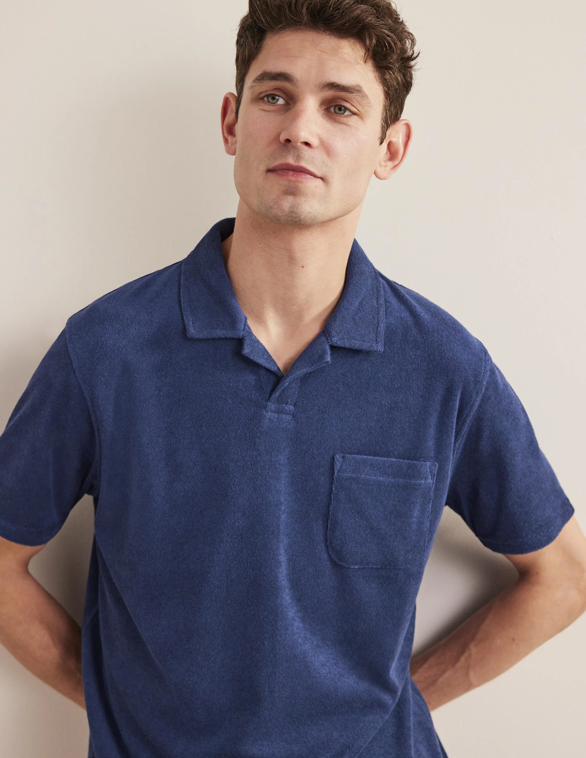 Open Collar Terry Polo-Navy Blue - Image 4