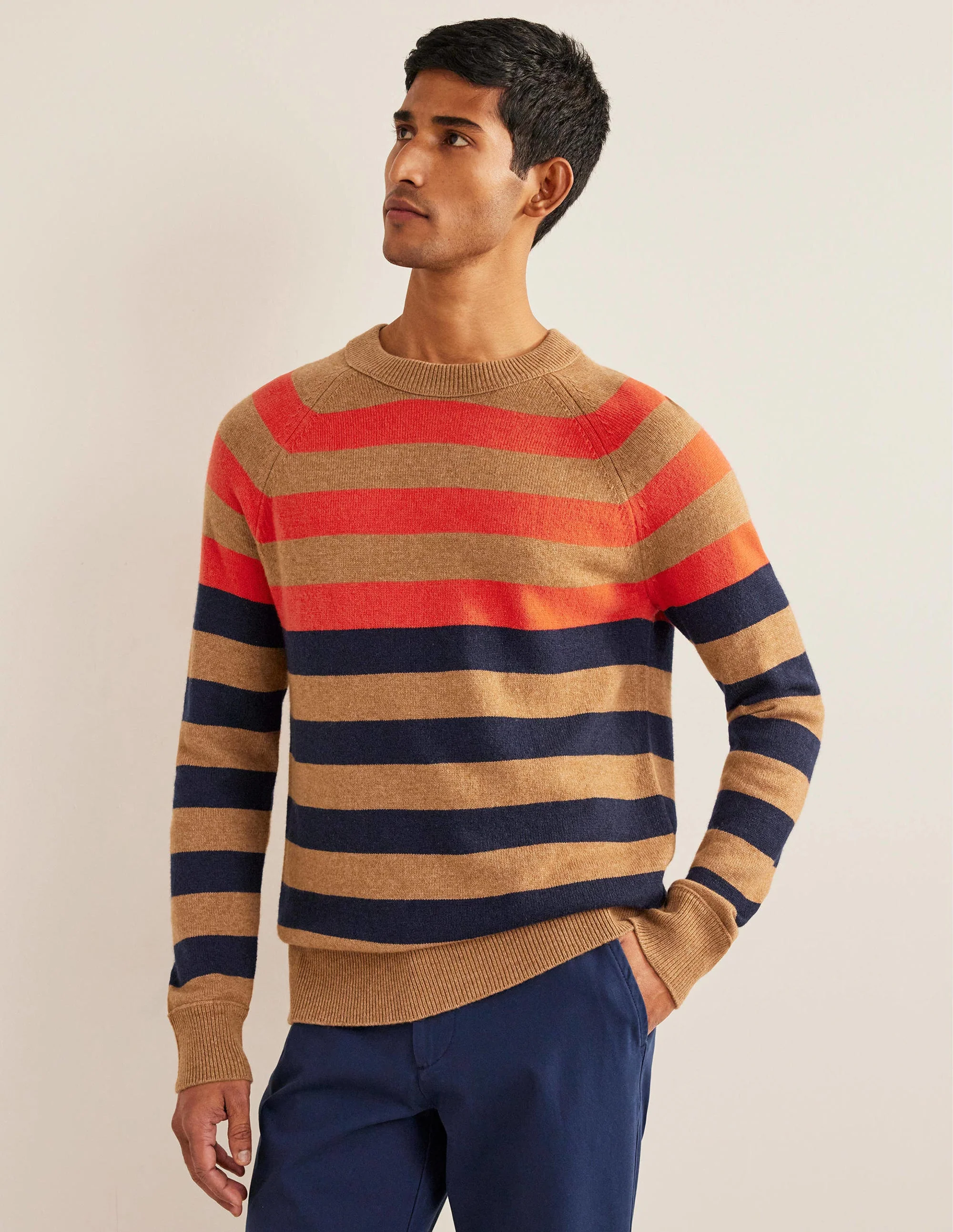 Raglan Crew Neck Jumper-Camel Melange Multi stripe