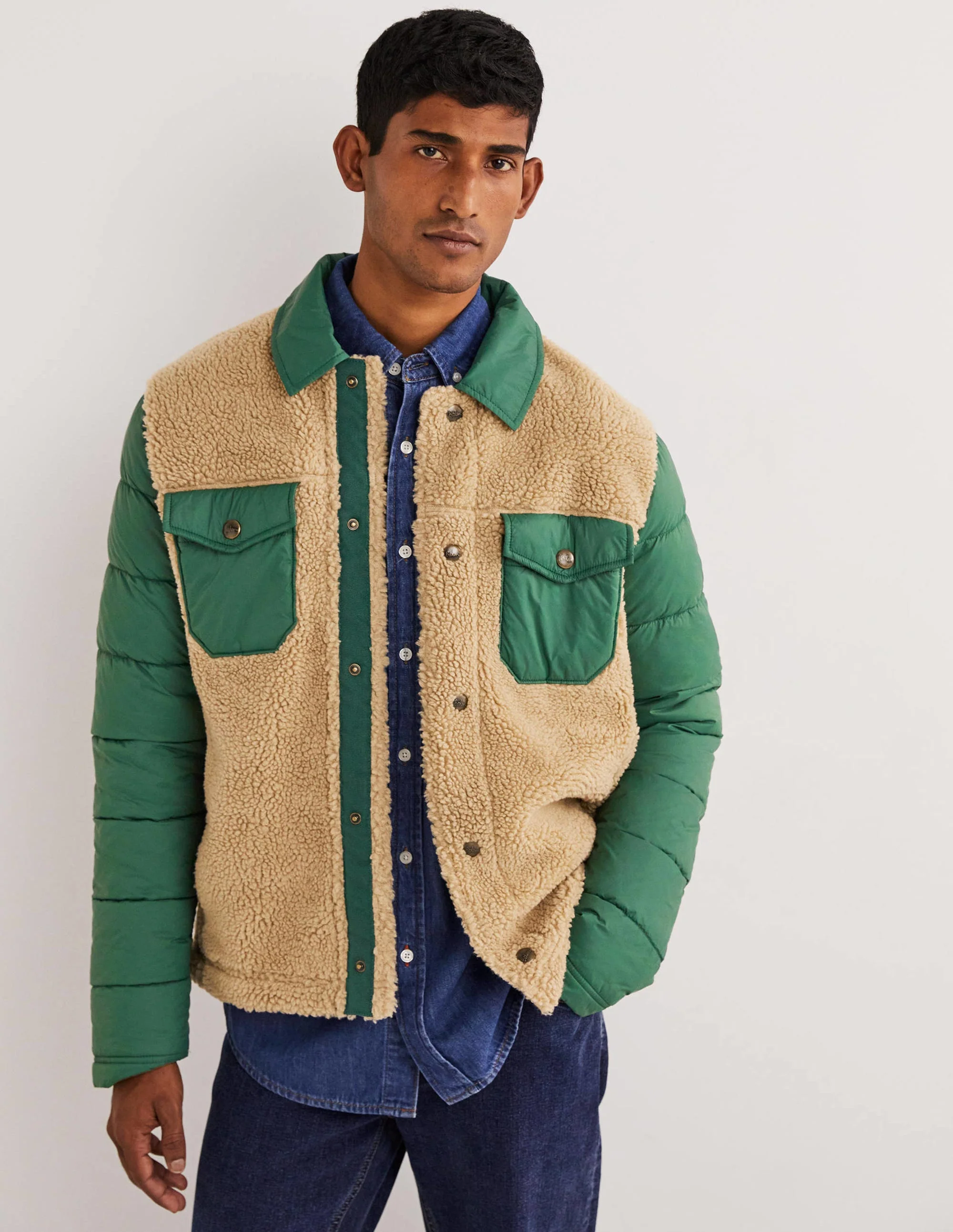 Sherpa Button Through Jacket-Hunter Green/Ecru