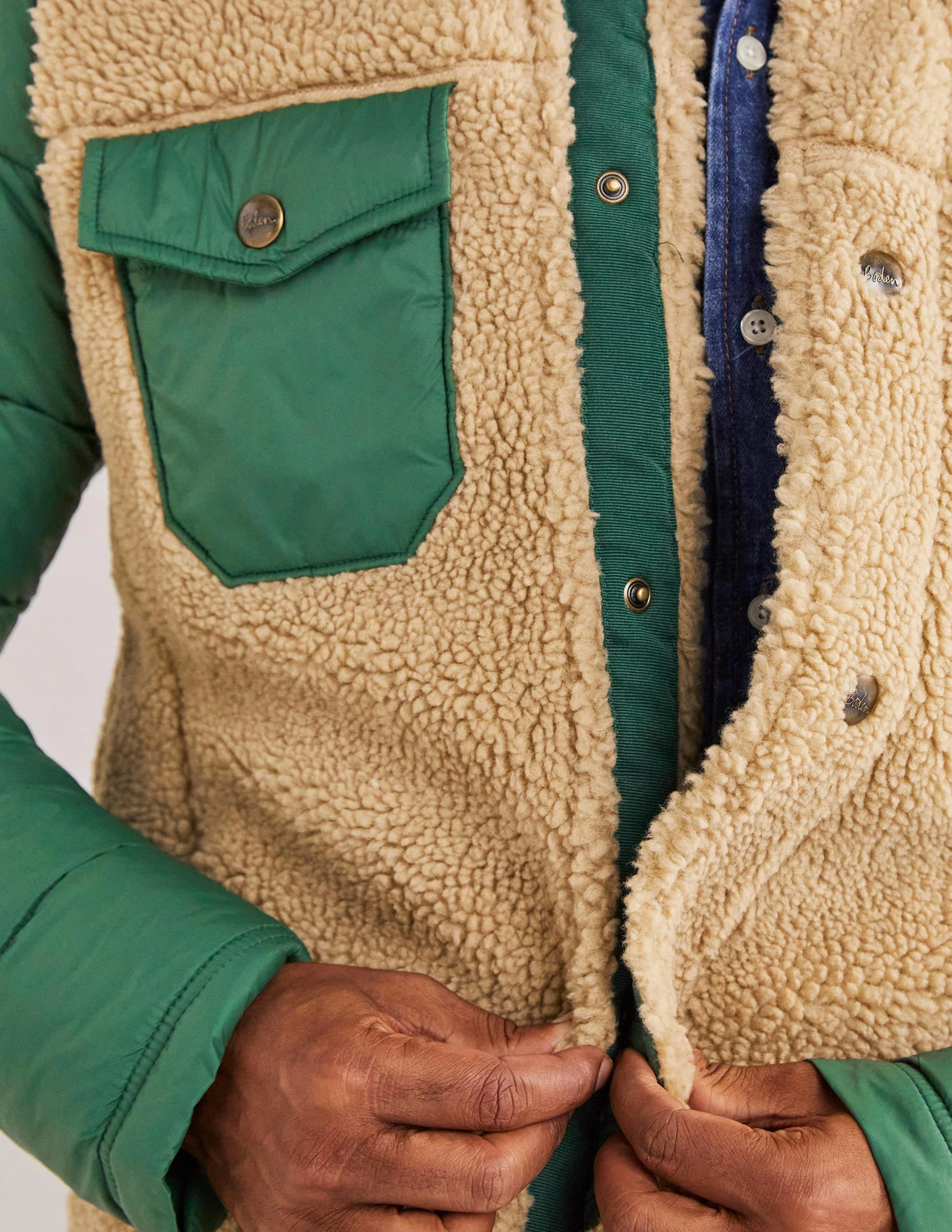 Sherpa Button Through Jacket-Hunter Green/Ecru - Image 2