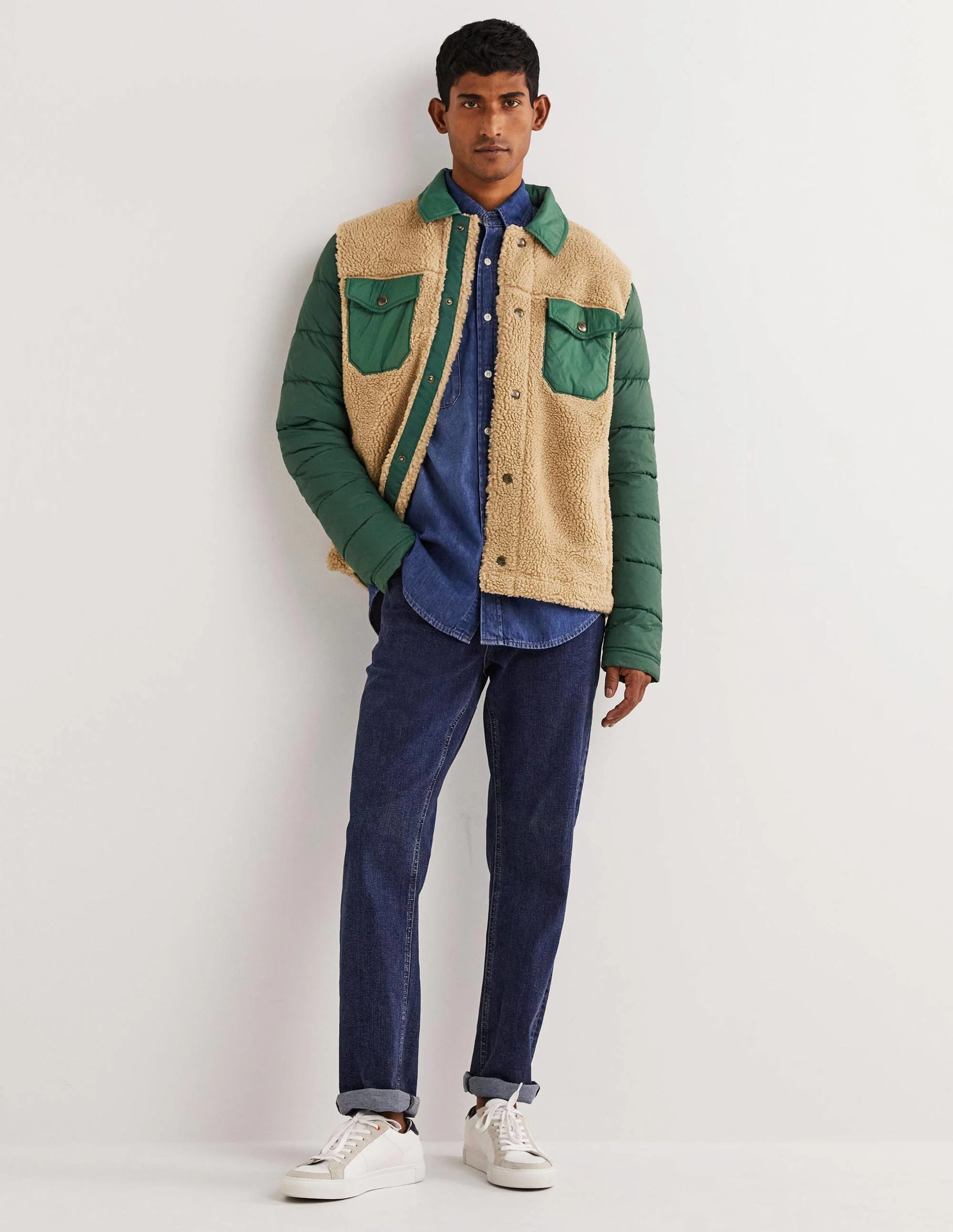 Sherpa Button Through Jacket-Hunter Green/Ecru - Image 4