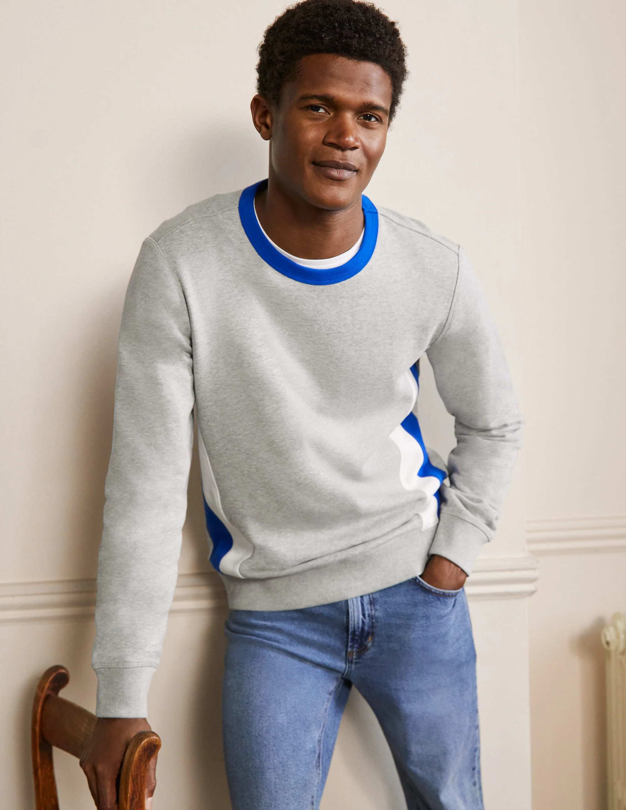 Side Stripe Sweatshirt-Grey Marl/ Blue Side Stripe