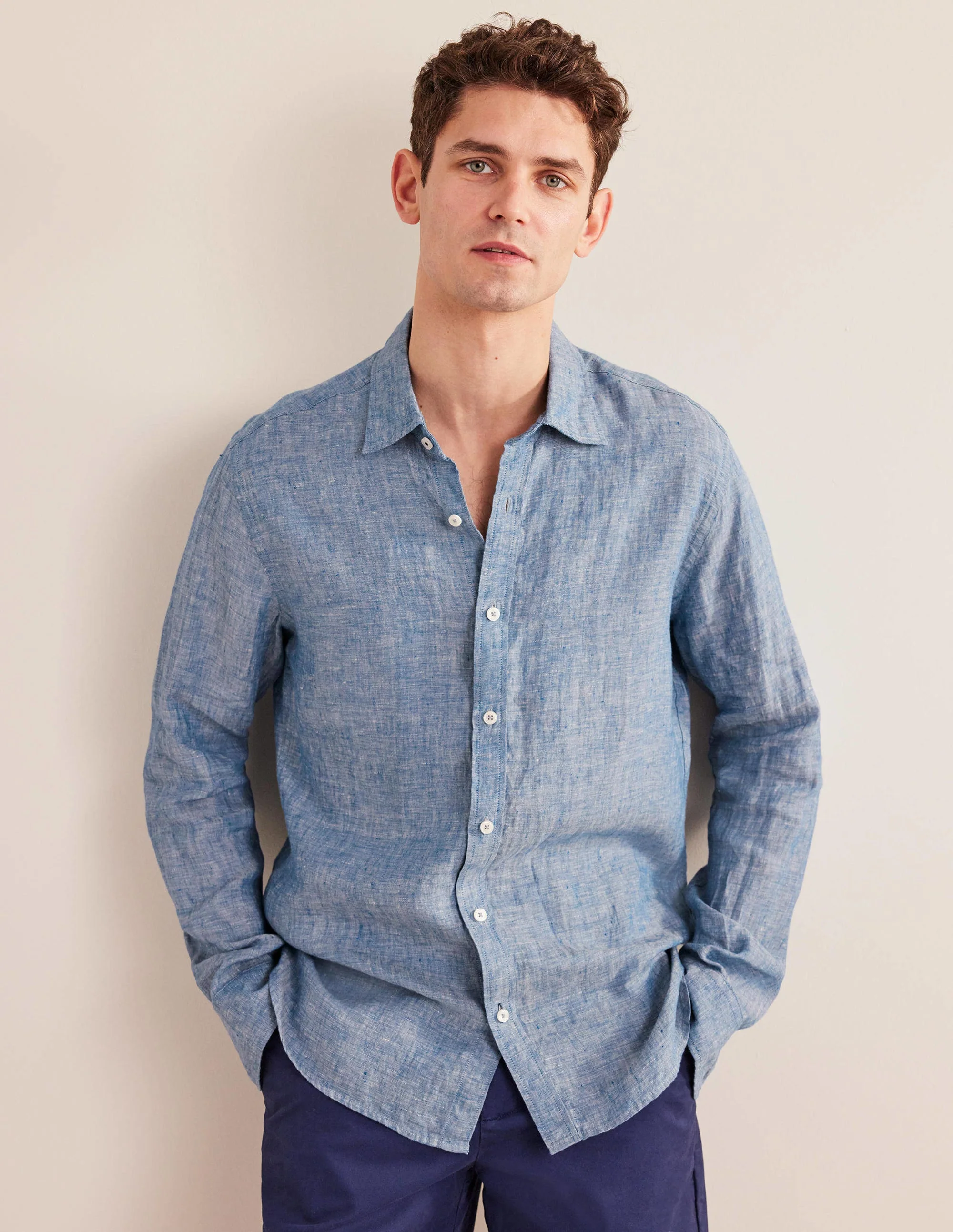 Slim Fit Linen Shirt-Blue Chambray
