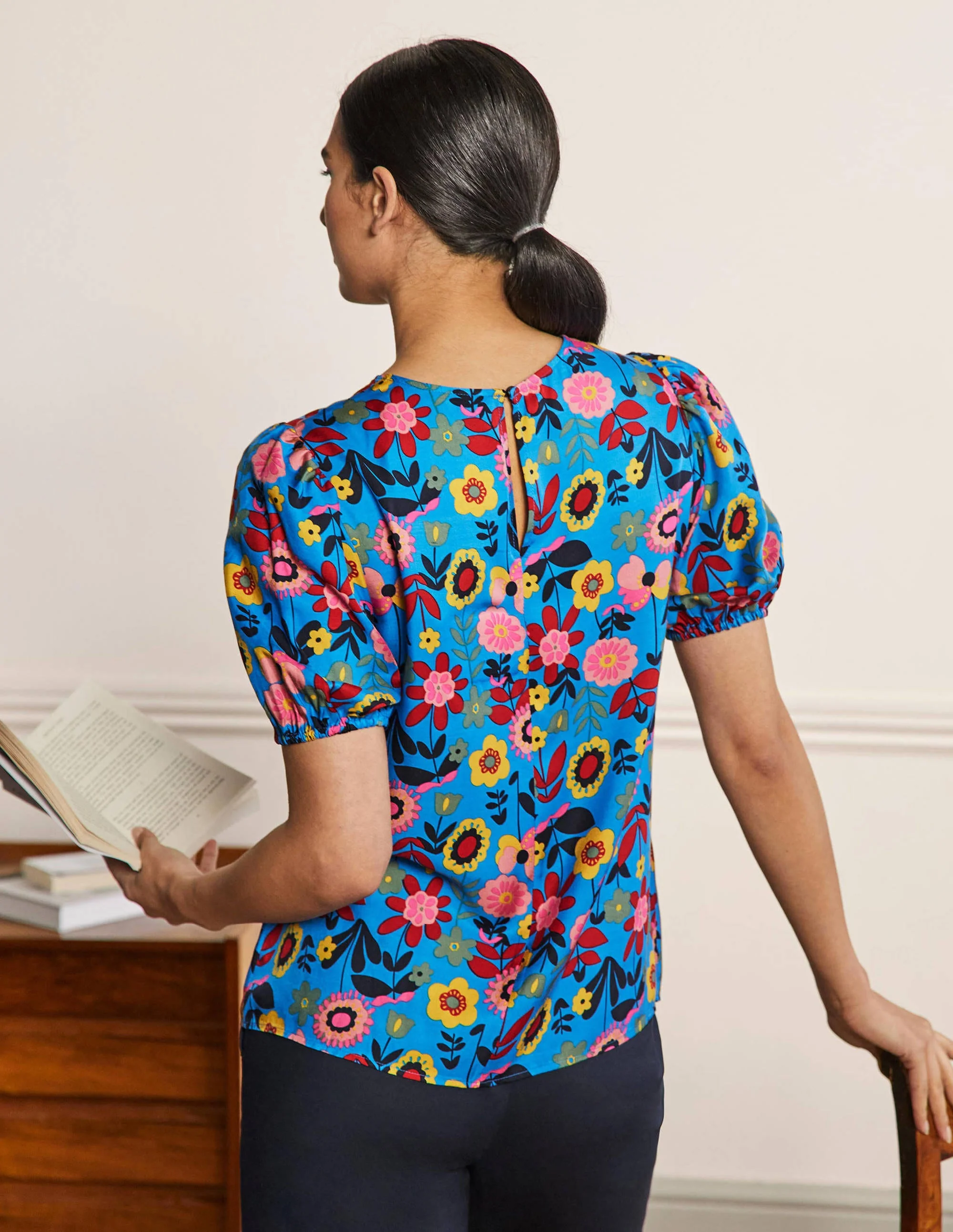 Adriana Puff Sleeve Top-Moroccan Blue, Flora Bloom - Image 3