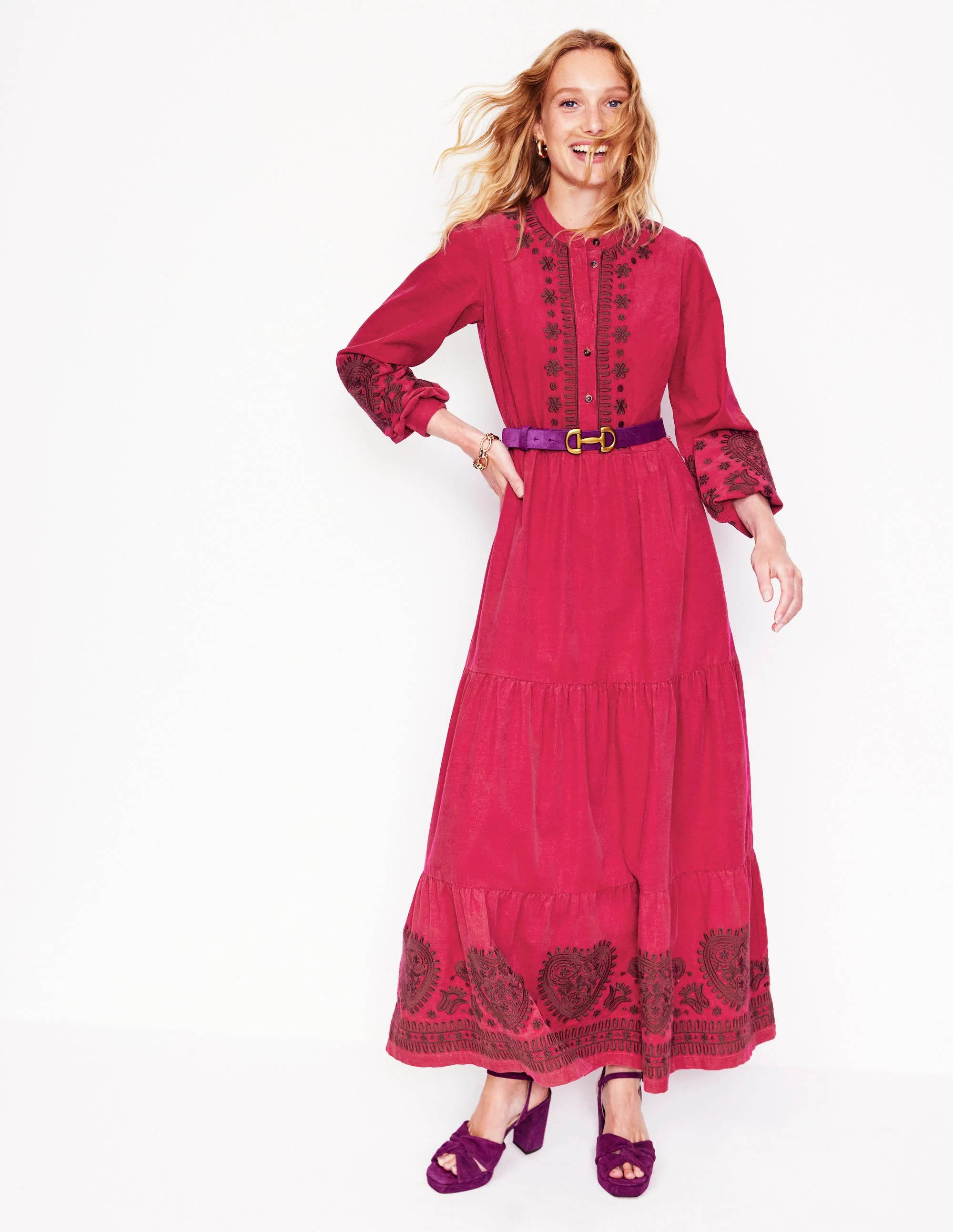 Alba Cord Maxi Dress-Cherry Jam, Embroidered - Image 5