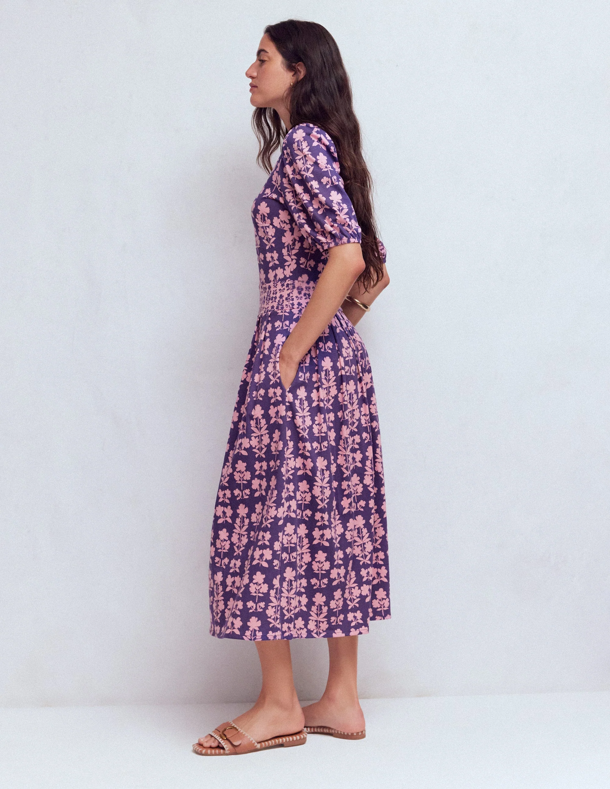 Amber Pleat Jersey Midi Dress-Calla Lilly, Blossom Grove - Image 3
