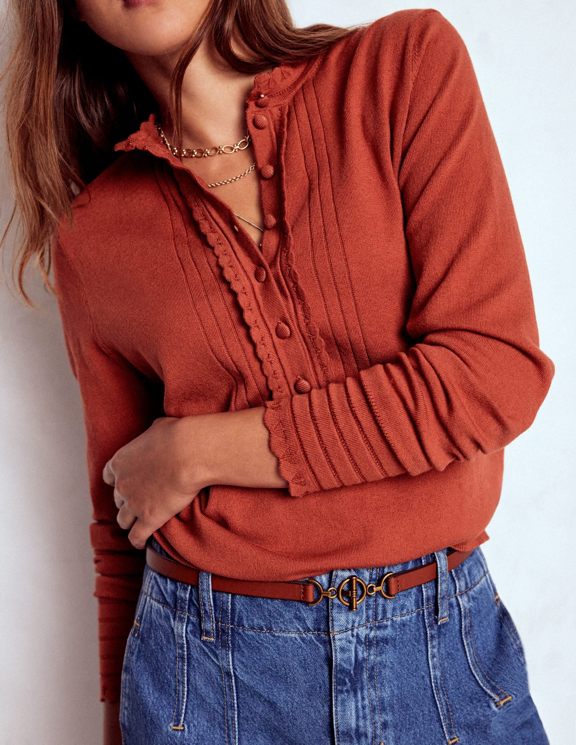 Angela Cotton Scallop Jumper-Roasted Chestnut Brown - Image 2