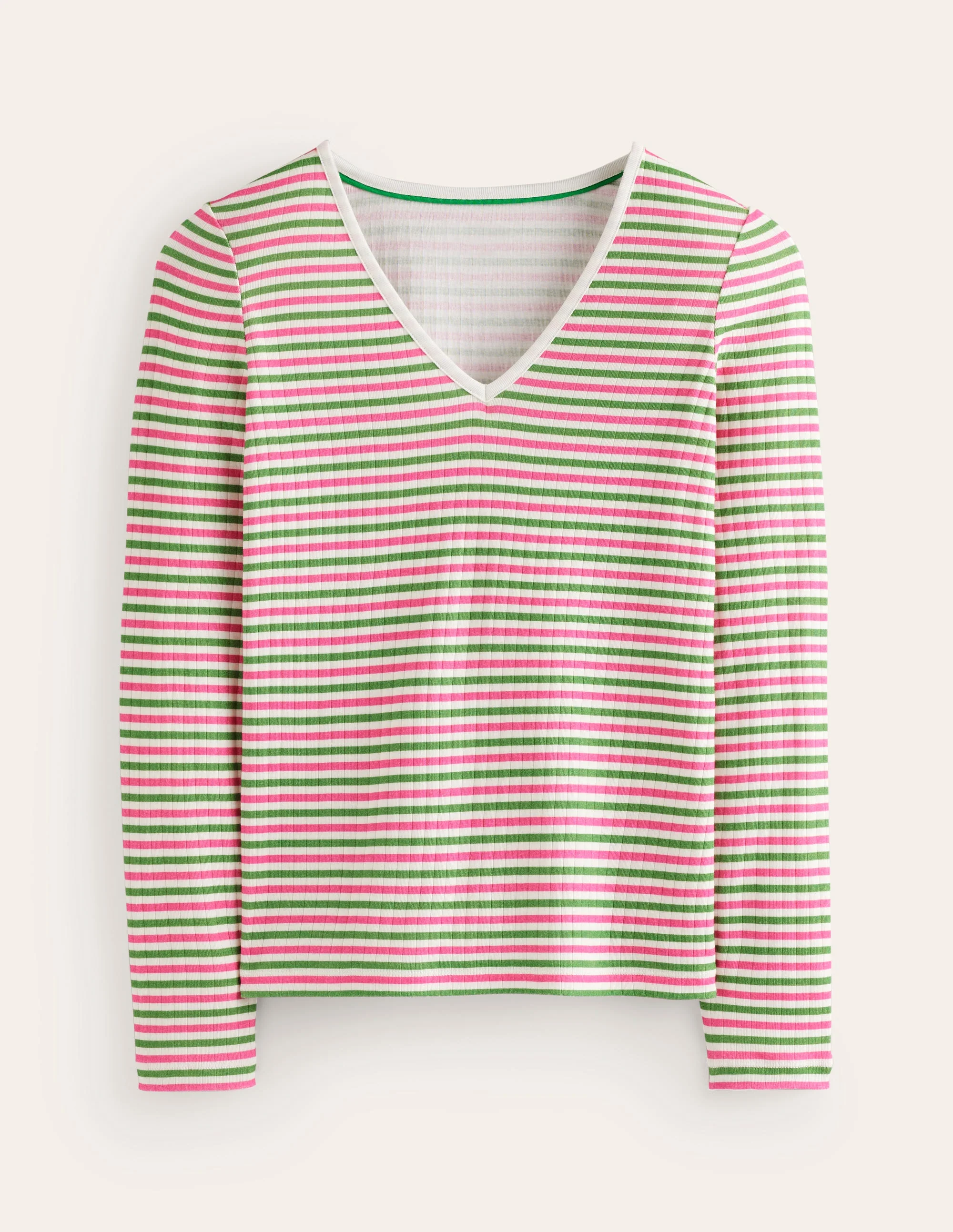 Anna Rib V-Neck T-Shirt-Green, Pink Stripe - Image 5