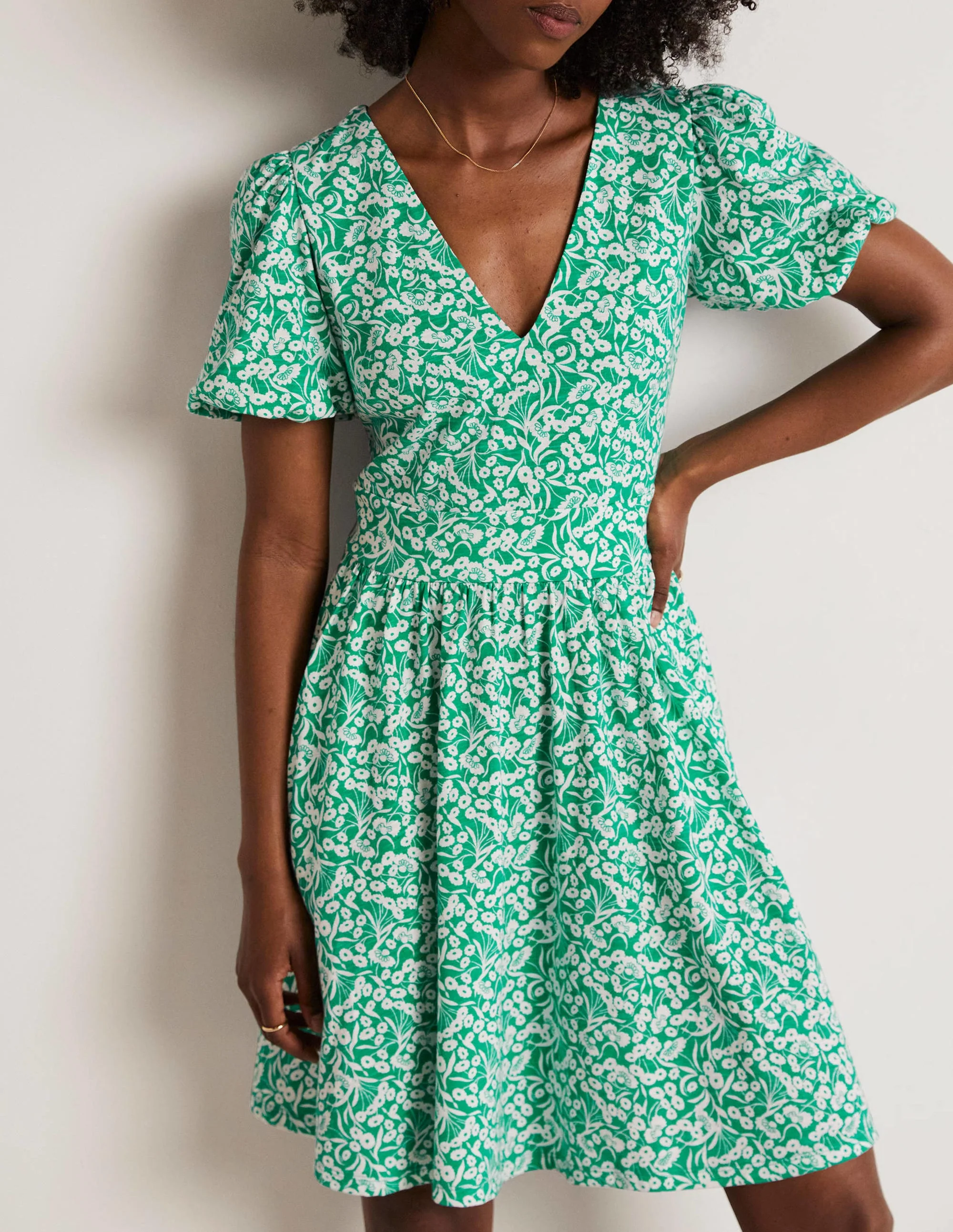 Back Detail Jersey Mini Dress-Emerald, Floret Bud - Image 4