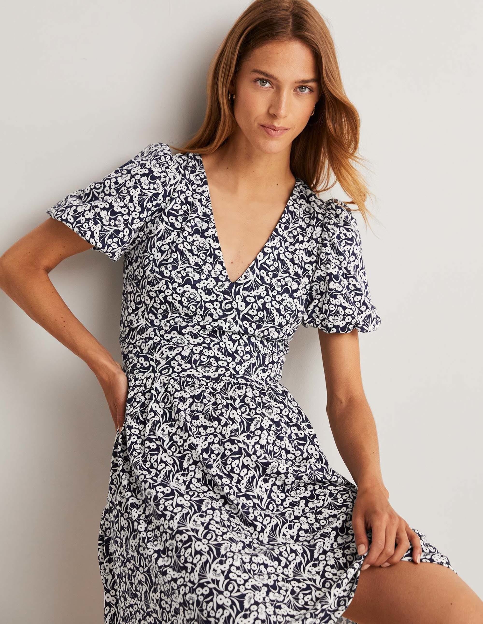 Back Detail Jersey Mini Dress-Navy, Floret Bud - Image 4