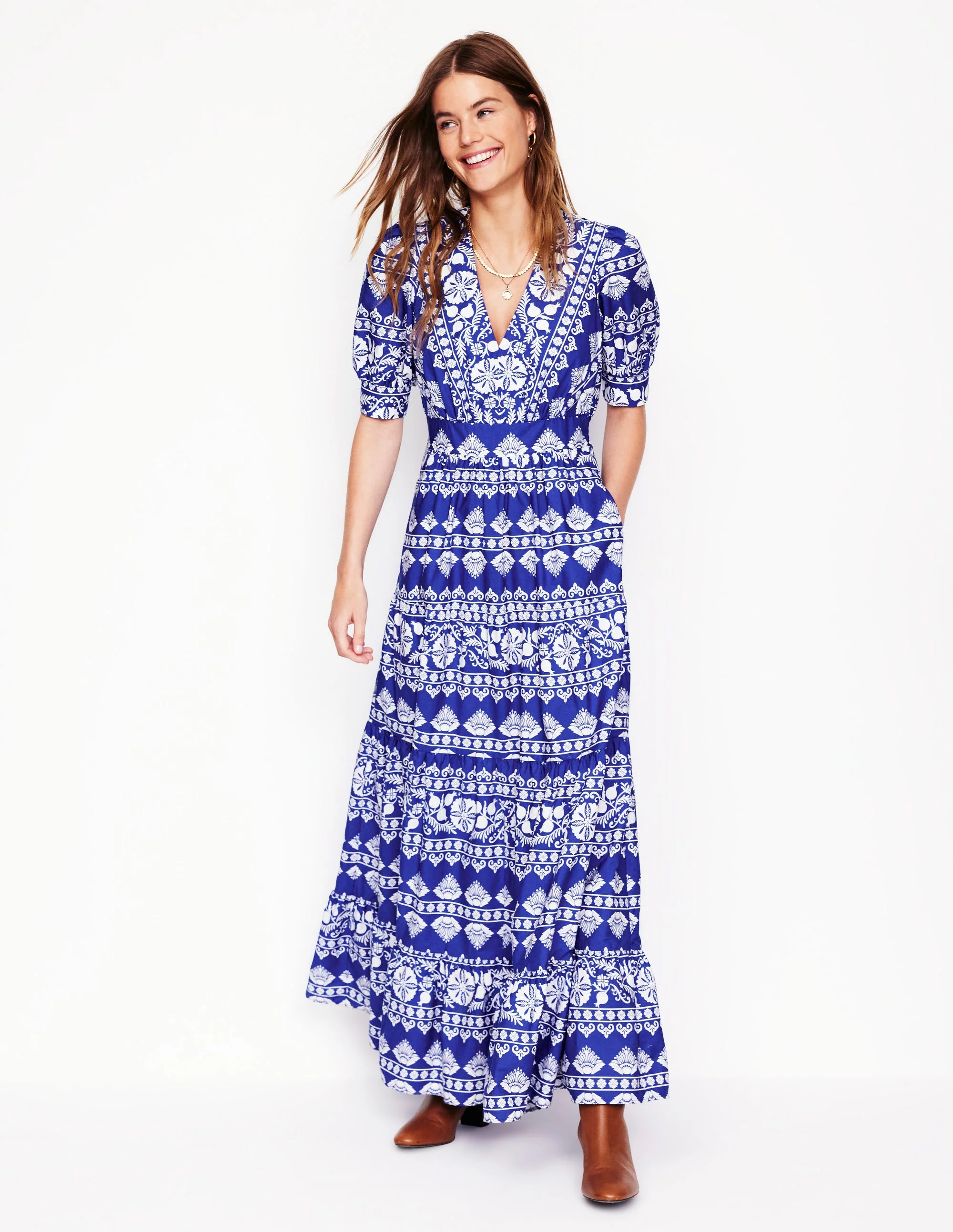 Bella Puff Sleeve Maxi Dress-Bright Blue, Ornate Border - Image 4