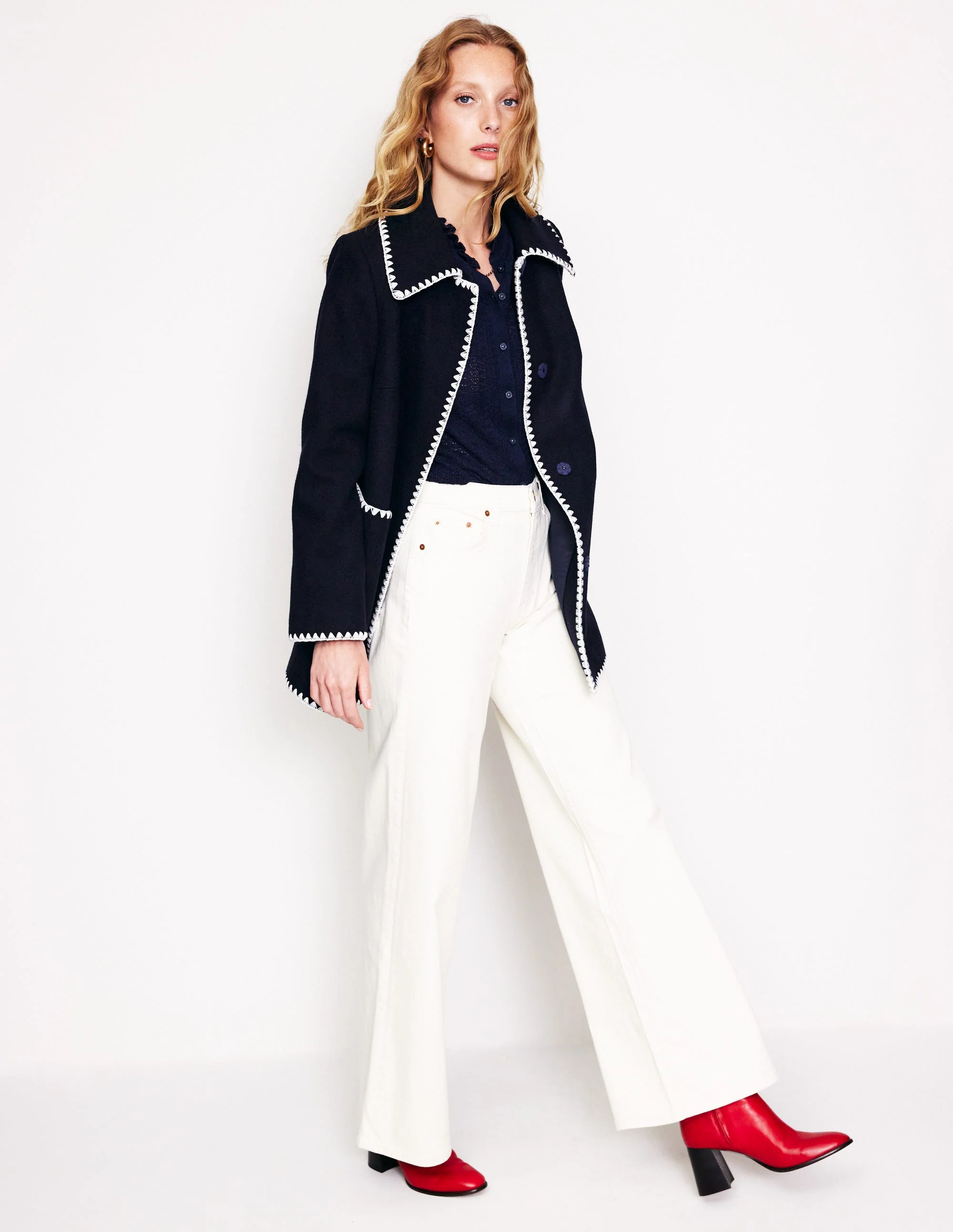 Blanket Stitch Car Coat-Navy - Image 4