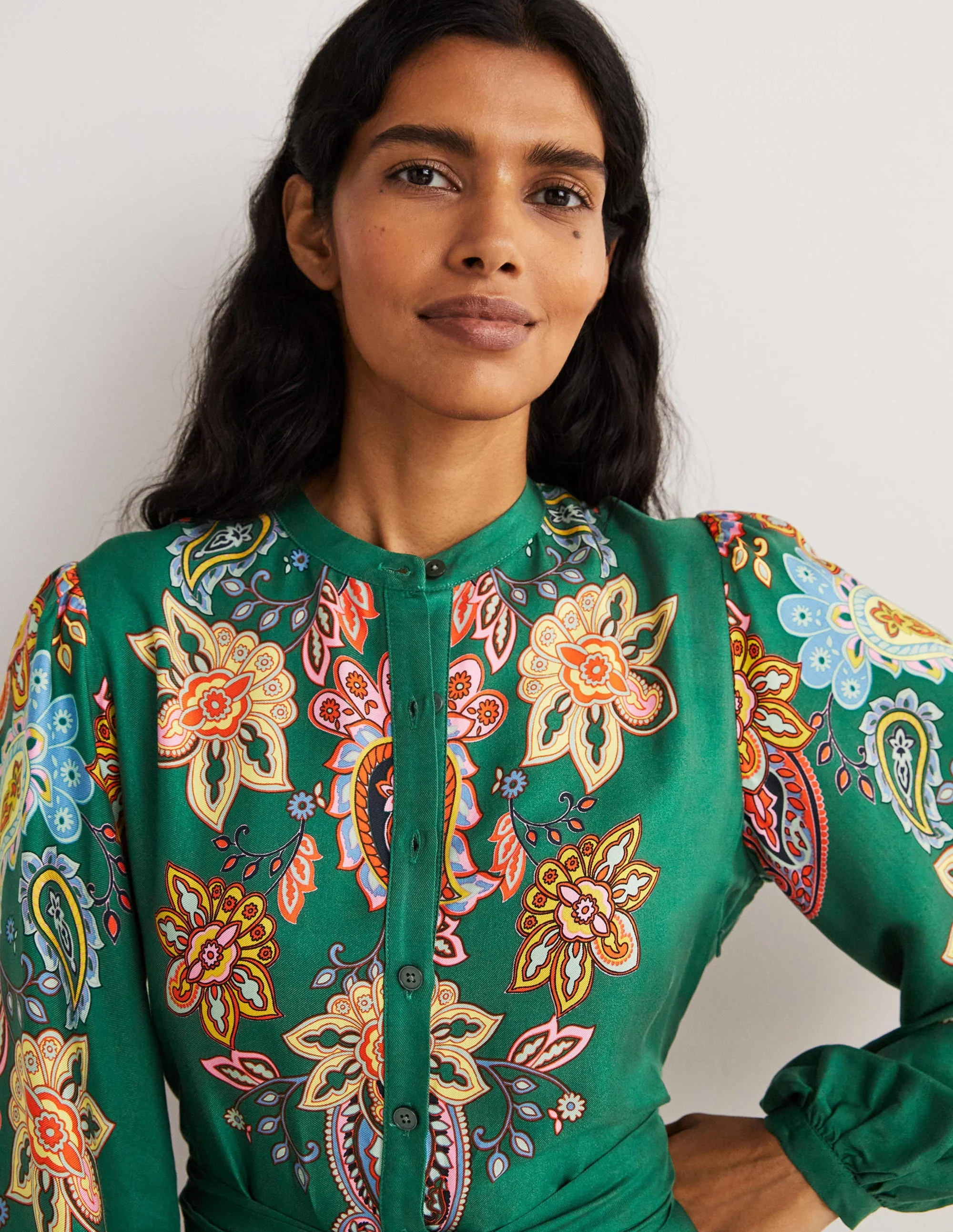 Blouson Sleeve Midi Dress-Trekking Green, Paisley Charm - Image 5