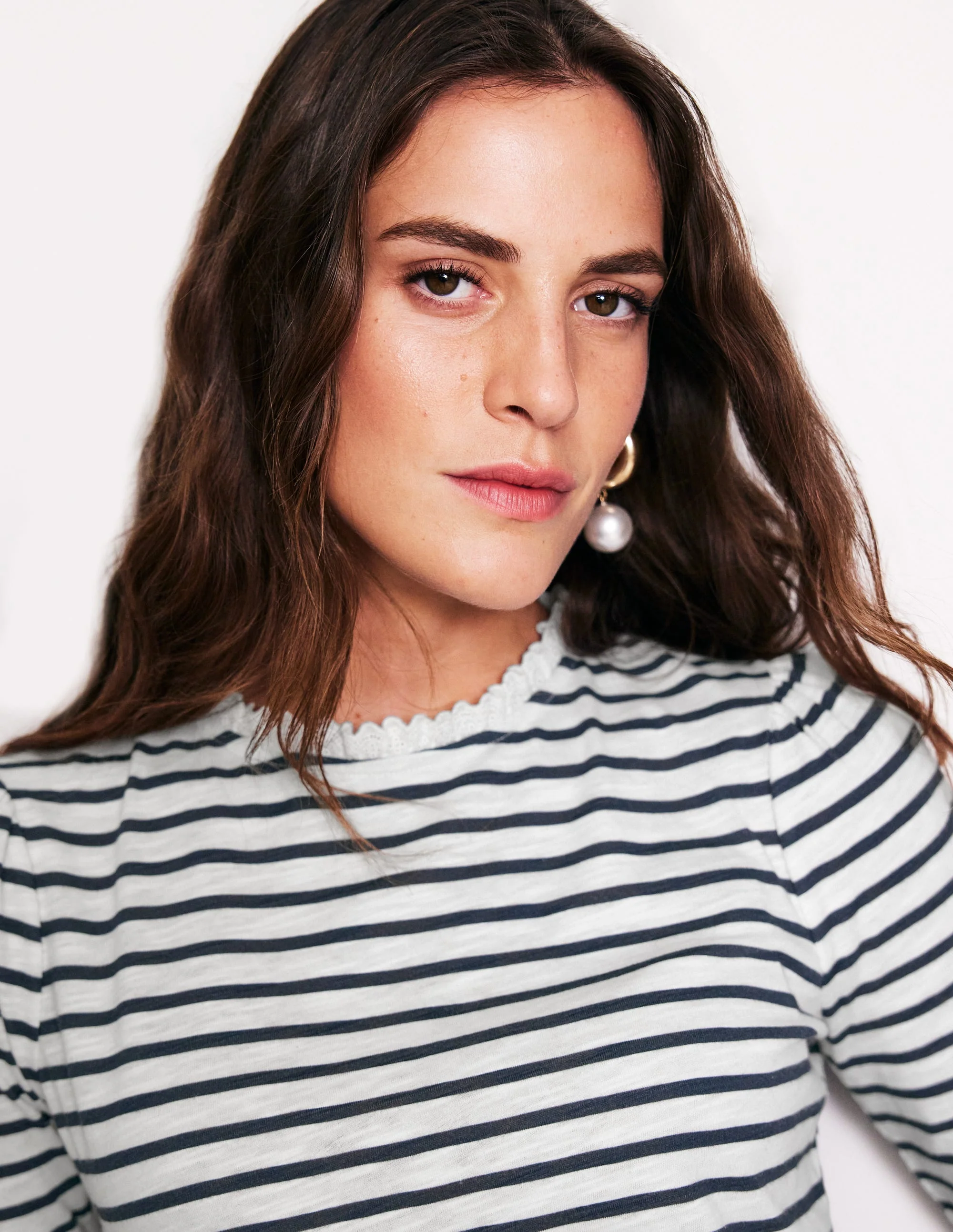 Broderie Ruffle Detail Top-Ivory, Navy Stripe - Image 2