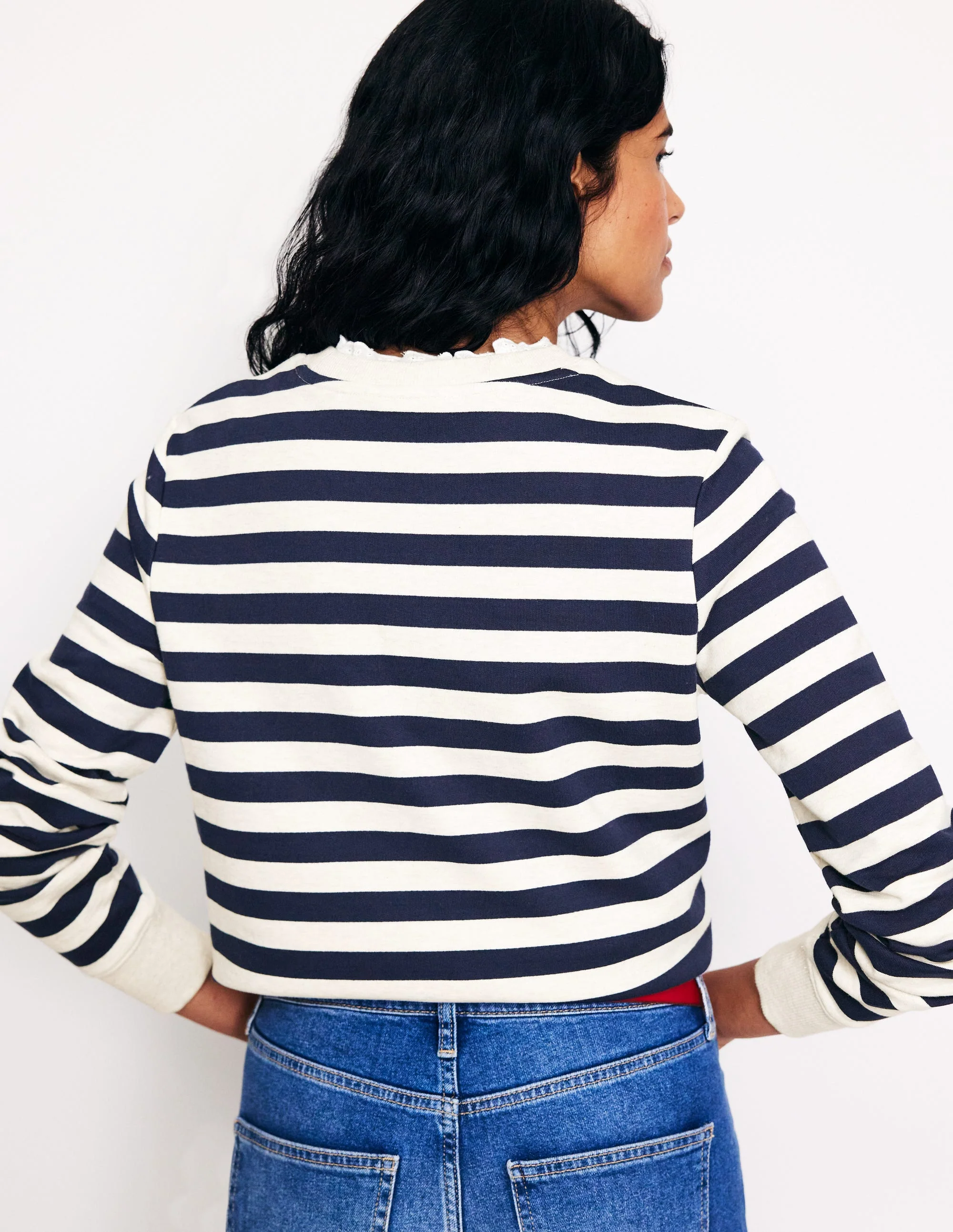 Broderie Trim Sweatshirt-Navy, Grey Marl Stripe - Image 3