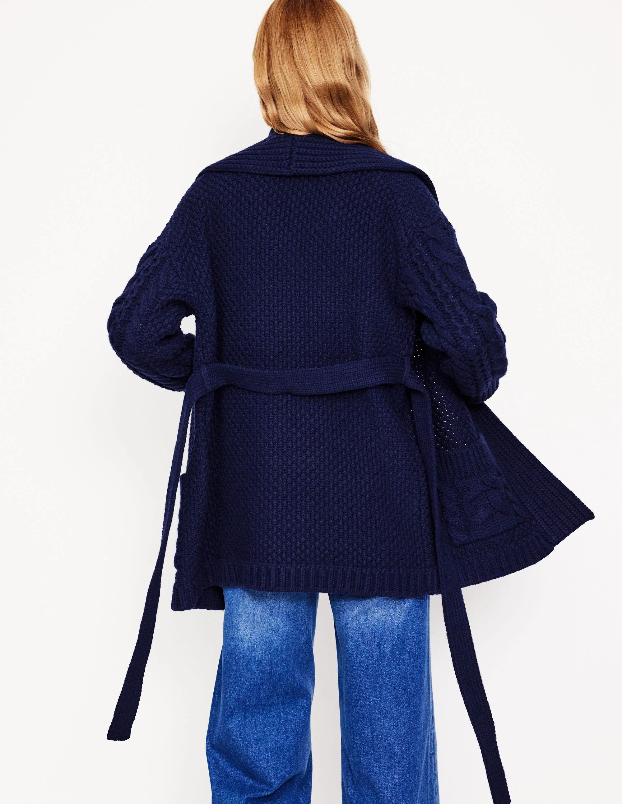 Cable Belted Cardigan-Navy - Image 4