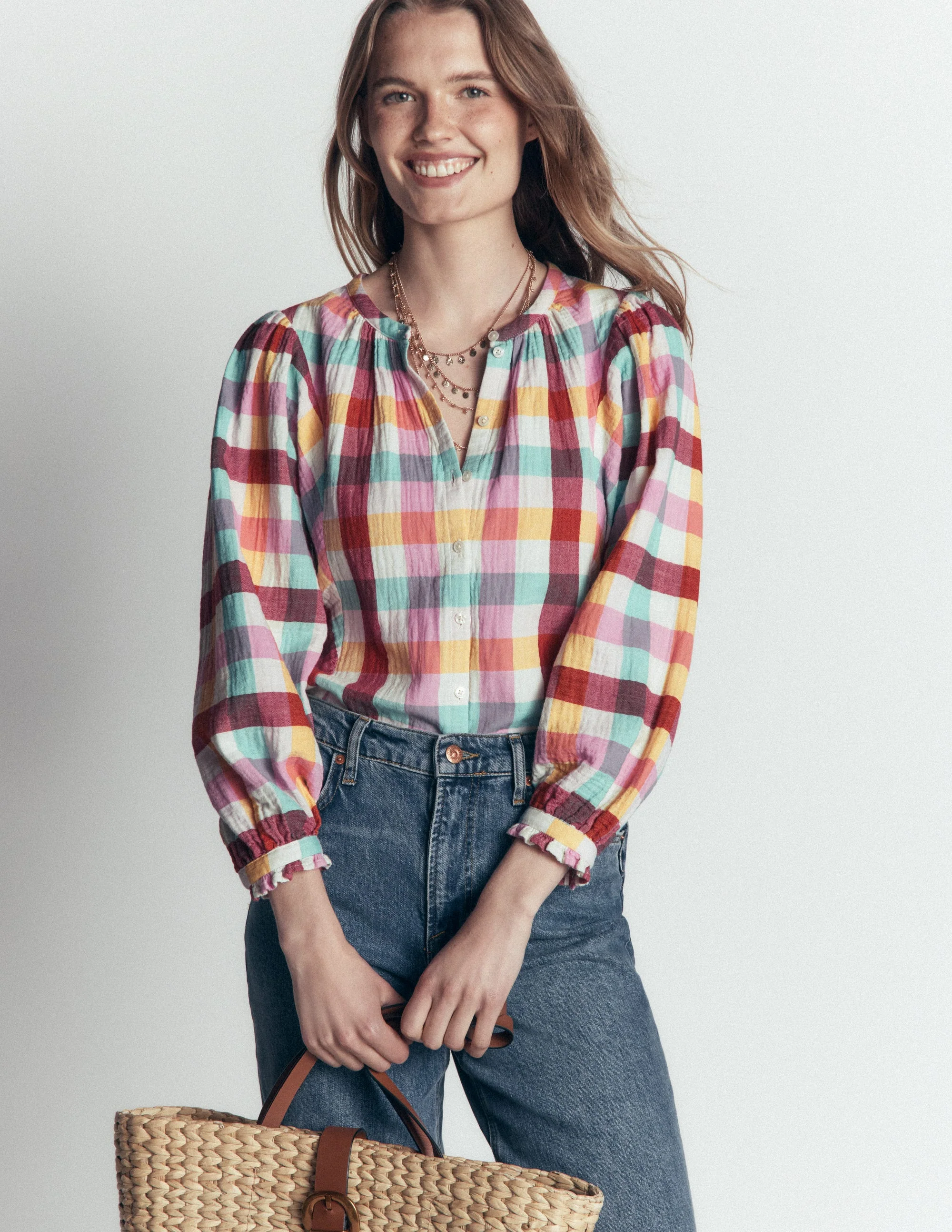 Camille Double Cloth Top-Ivory, Pink, Red Multi Gingham - Image 4