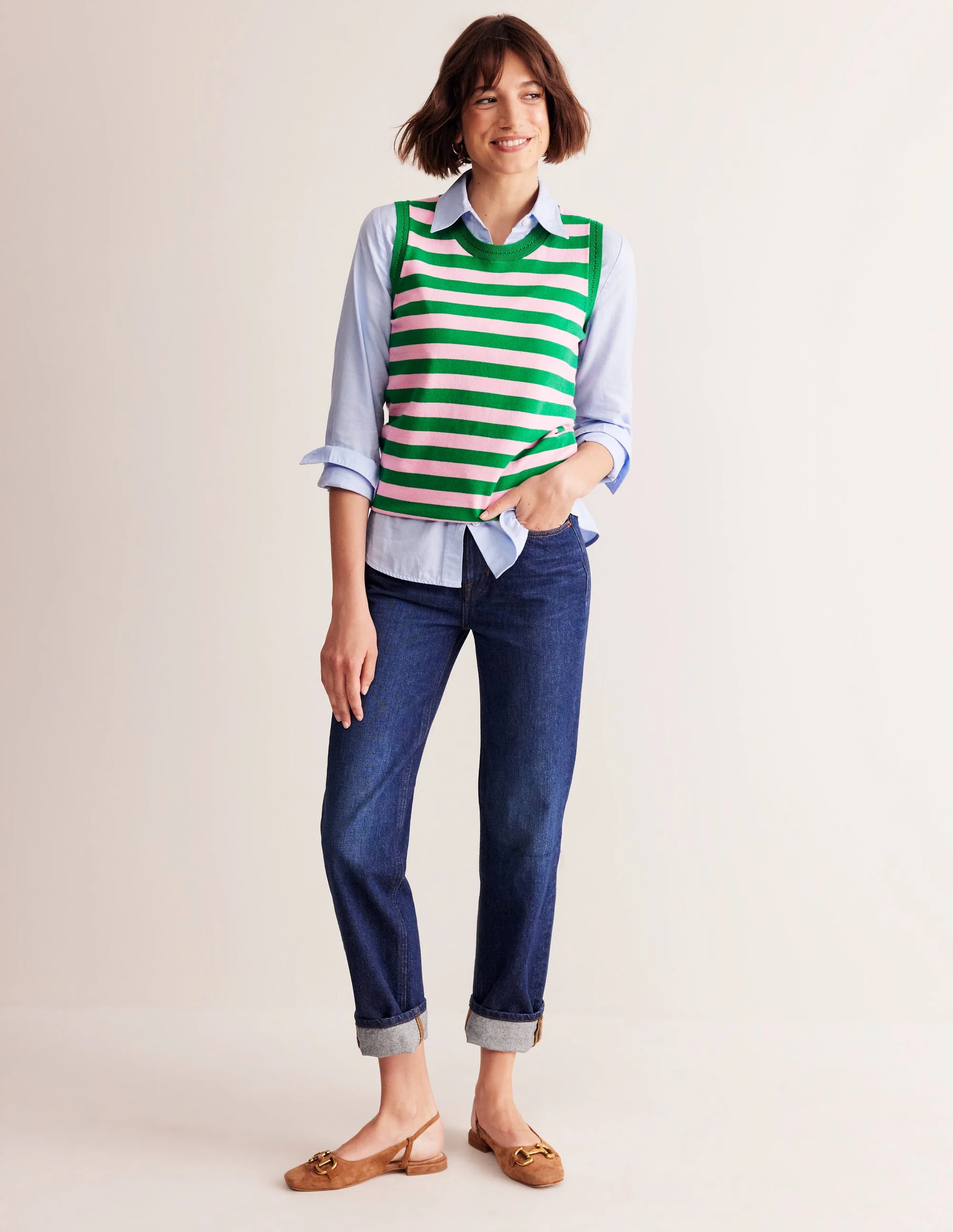 Catriona Crew Neck Cotton Tank-Old Rose, Rich Emerald Green - Image 4