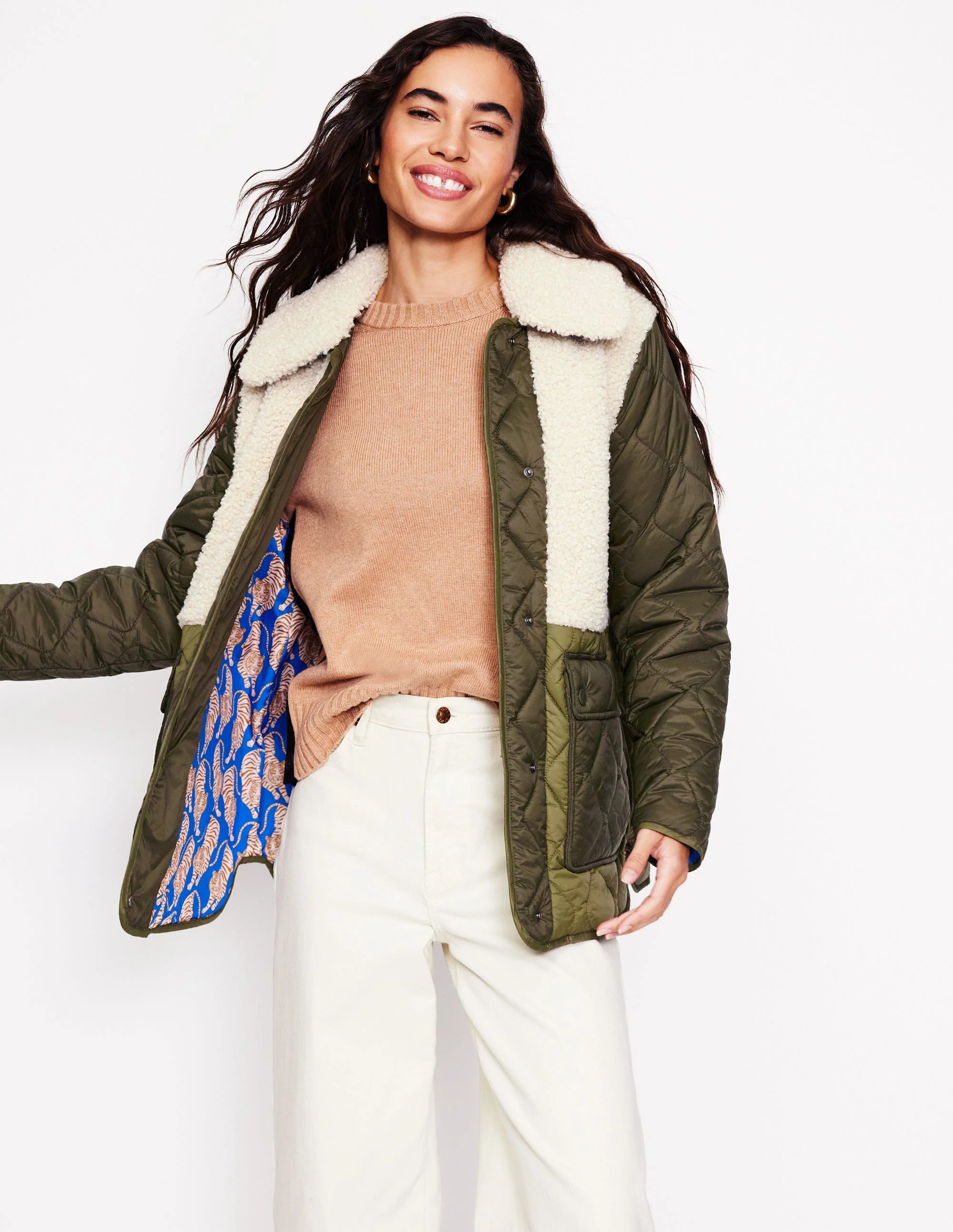 Chester Quilted Borg Coat-Winter Moss, Ivory - Image 4