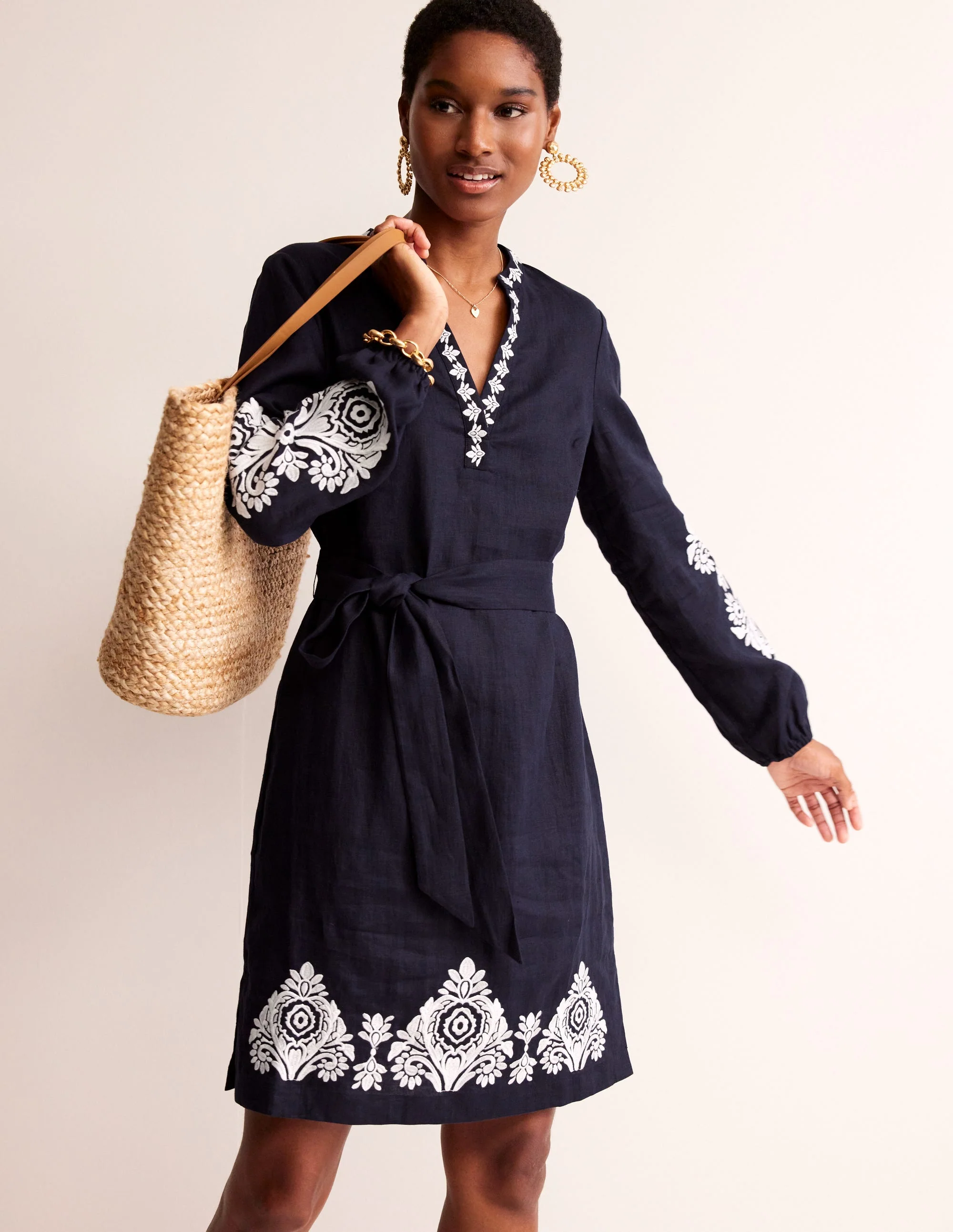 Cleo Embroidered Linen Dress-Navy, White - Image 4