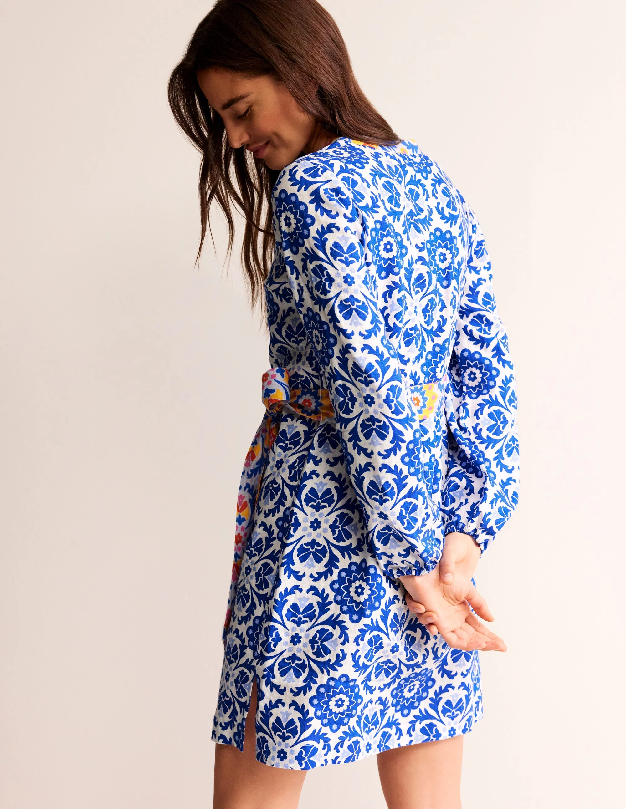 Cleo Linen Tie Waist Dress-Surf The Web, Mosaic Bloom - Image 3