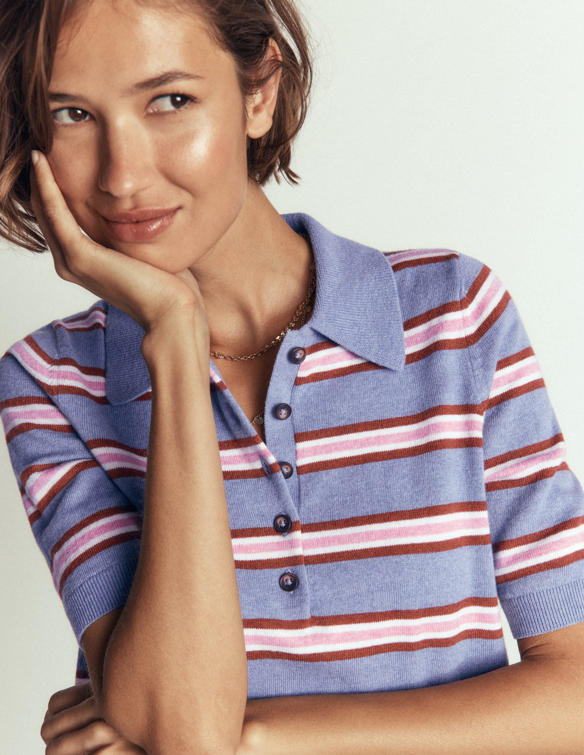 Collared Knitted T-shirt-Blue Aura, Stripe - Image 2
